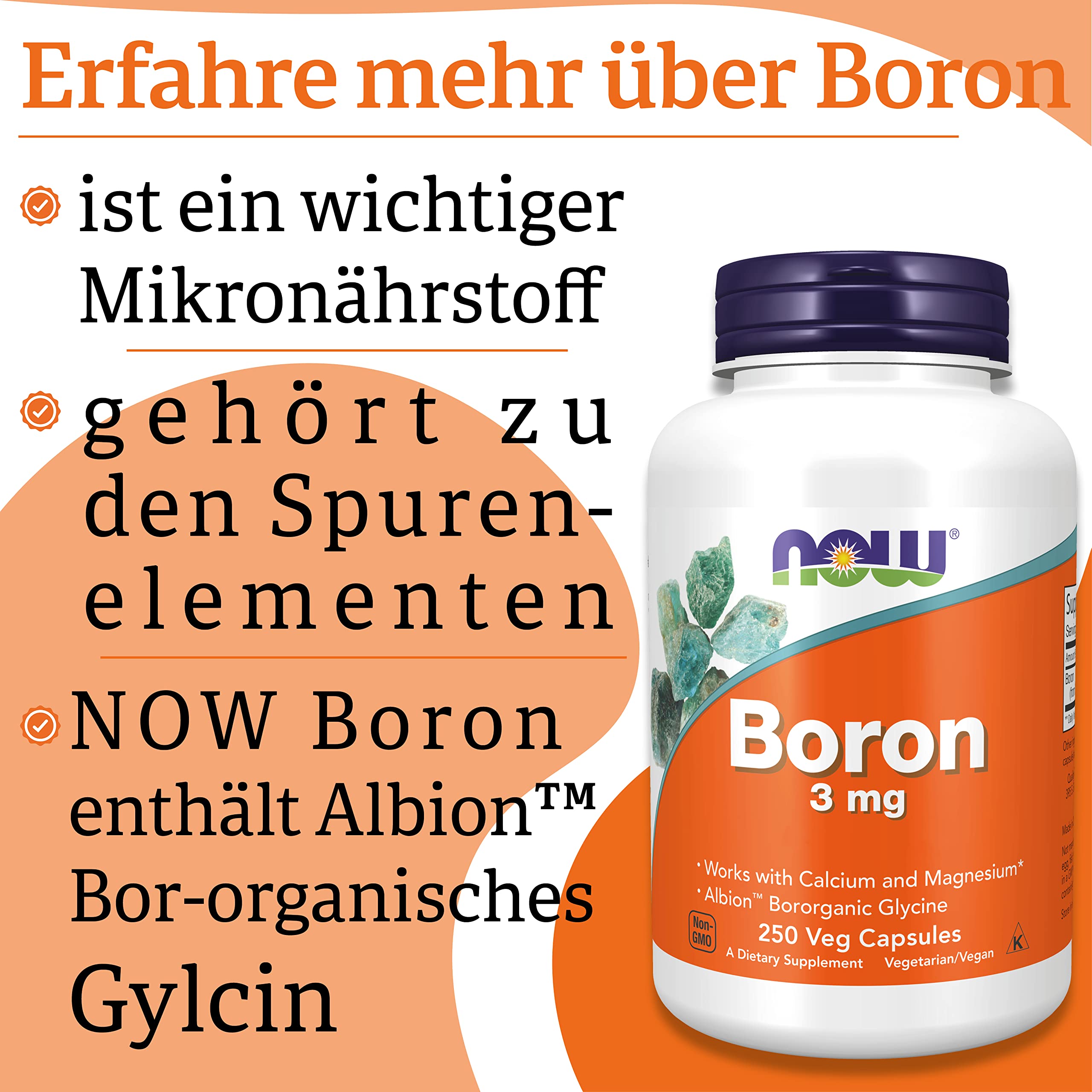 Now Foods, Boron (Bor), 3mg, 250 vegane Kapseln, Laborgeprüft, Glutenfrei, Sojafrei, Ohne Gentechnik, Vegetarisch