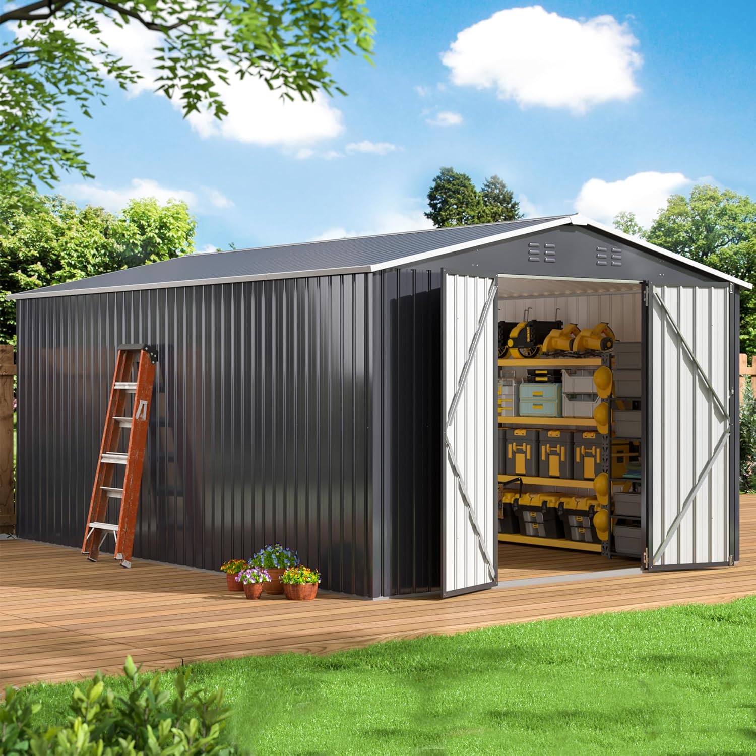 WKM 10x14 FT Outdoor Storage Shed, Metal Shed with Updated Frame Structure and Lockable Doors, Large Steel Yard Shed, Utility Tool Storage for Garden, Backyard, Patio Lawn, Black WKM 10x14 FT Outdoor Storage Shed, Metal Shed with Updated Frame Structure and Lockable Doors, Large Steel Yard Shed, Utility Tool Storage for Garden, Backyard, Patio Lawn, Black