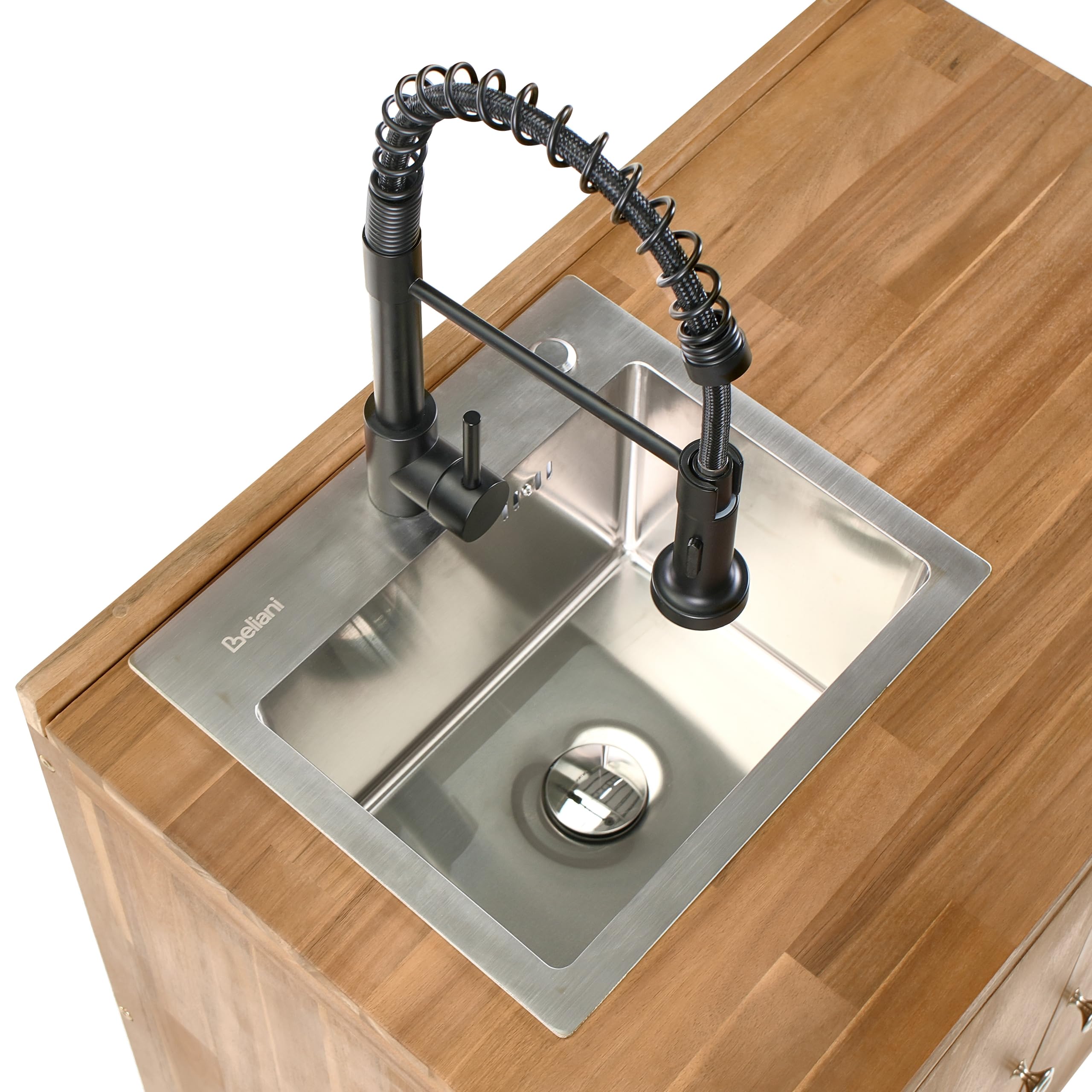 Beliani Outdoor-Küchenschrank Akazienholz braun/schwarz mit Türen Spüle Armatur Venosa