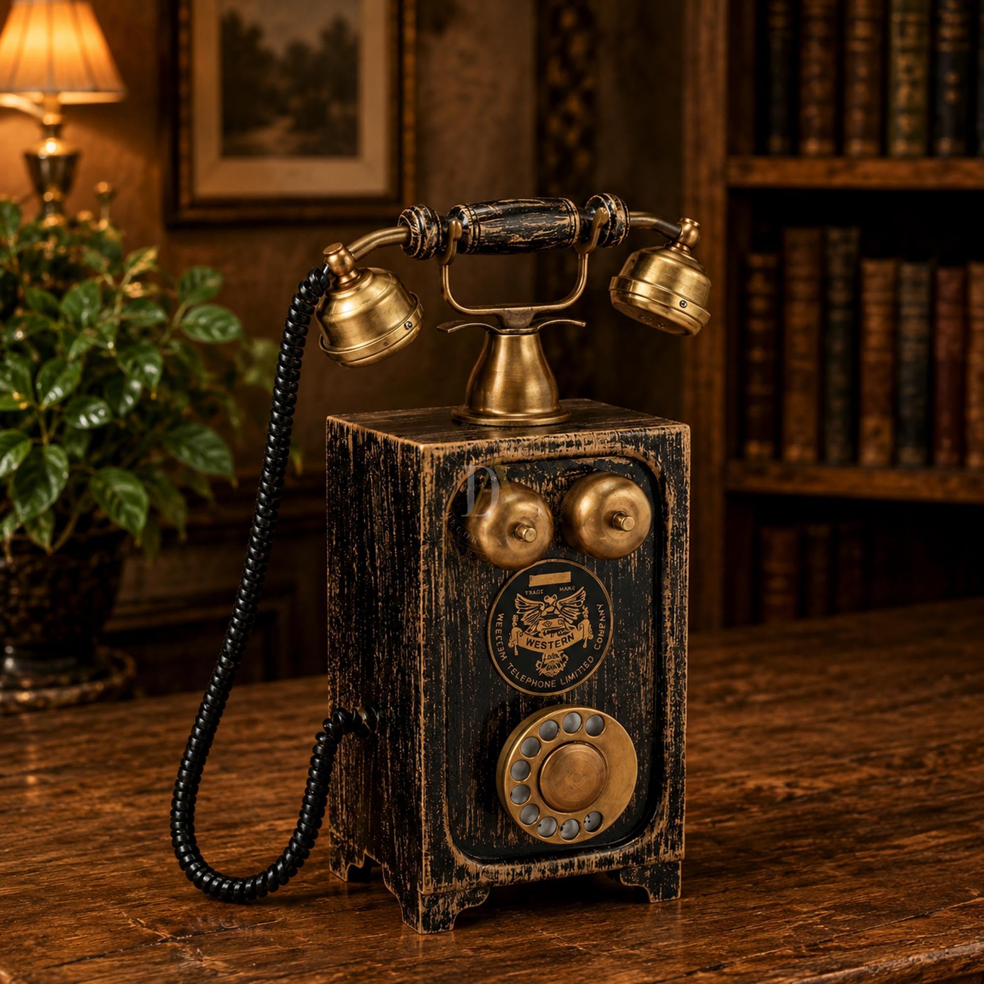 Decor Antique Telephone Made by Wooden and Black Golden Brass Antique Look Telephone Model. Made Showpiece (Non Working) Desk Decor Item. Designer Product from Brass Made-image-5