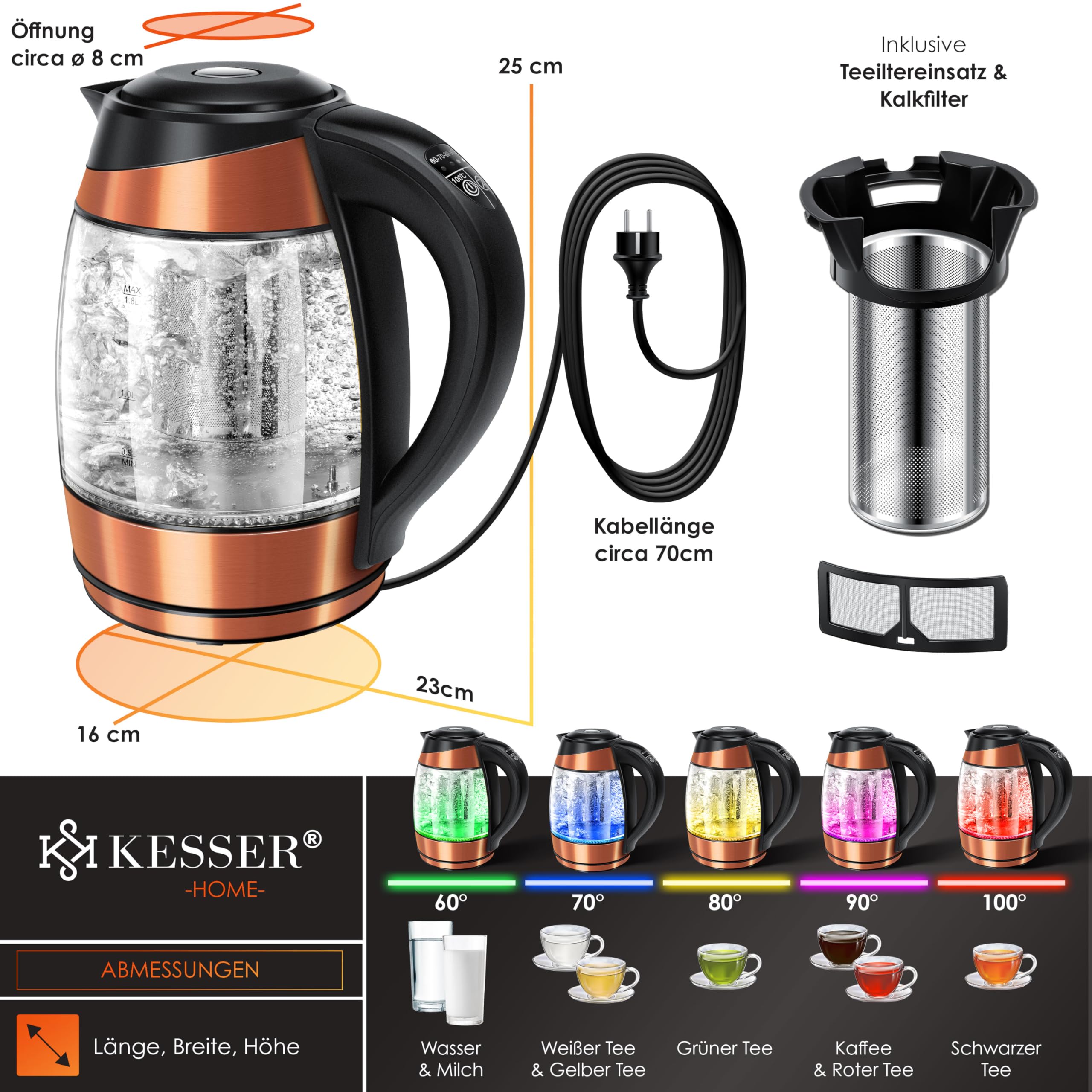 KESSER® 1,8L Bouilloire en acier inoxydable avec filtre à thé et filtre anticalcaire | Bouilloire avec éclairage LED - Couleur en fonction du choix de température 60, 70, 80, 90, 100 °C
