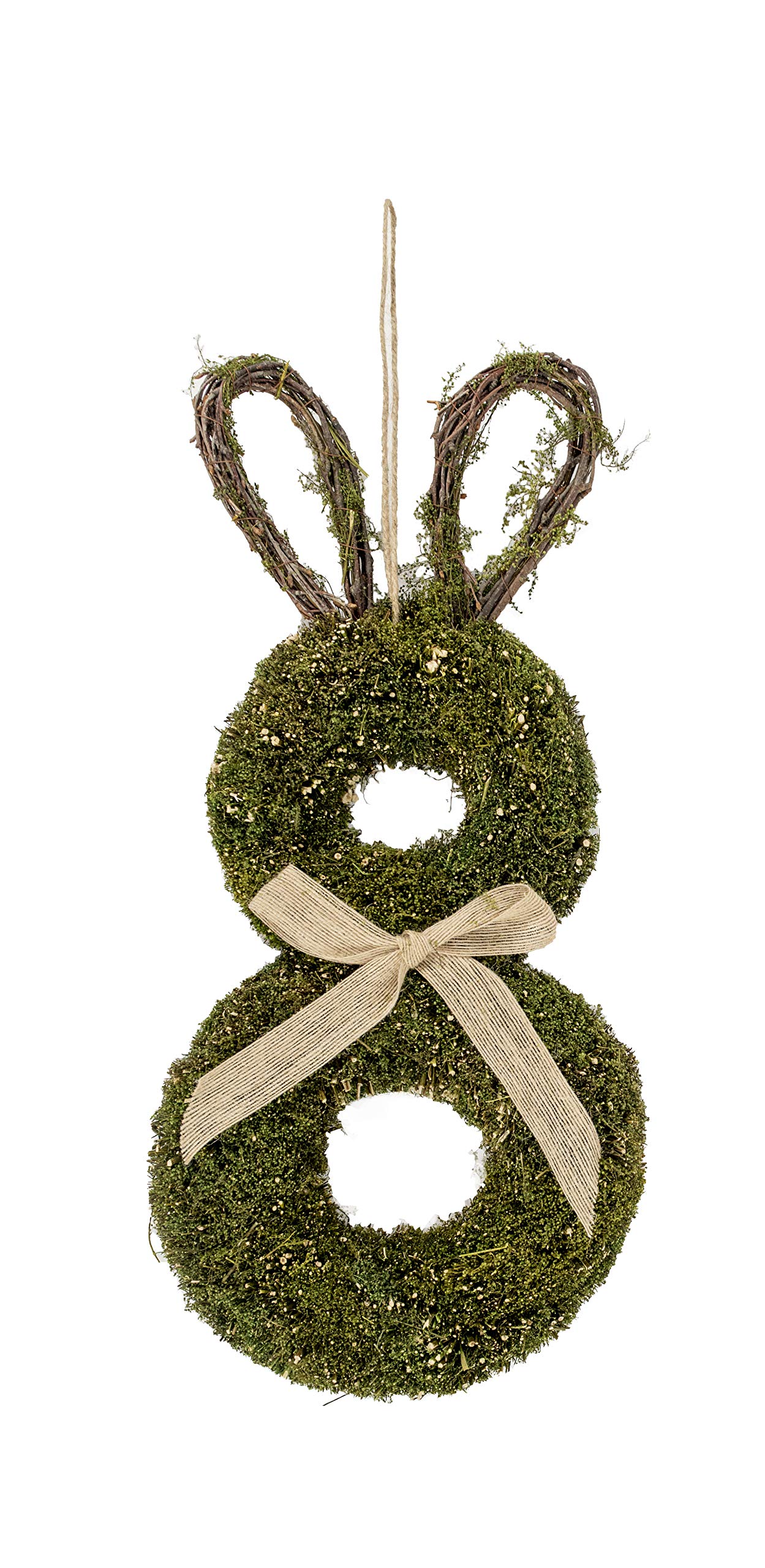 Vita Domi Sweet Annie Grapevine and Moss Hanging Rabbit Door Wreaths Ornament Rustic Farmhouse for Spring Easter Holiday Season (Moss Twig Grapevine with Bow, 22 Inches)