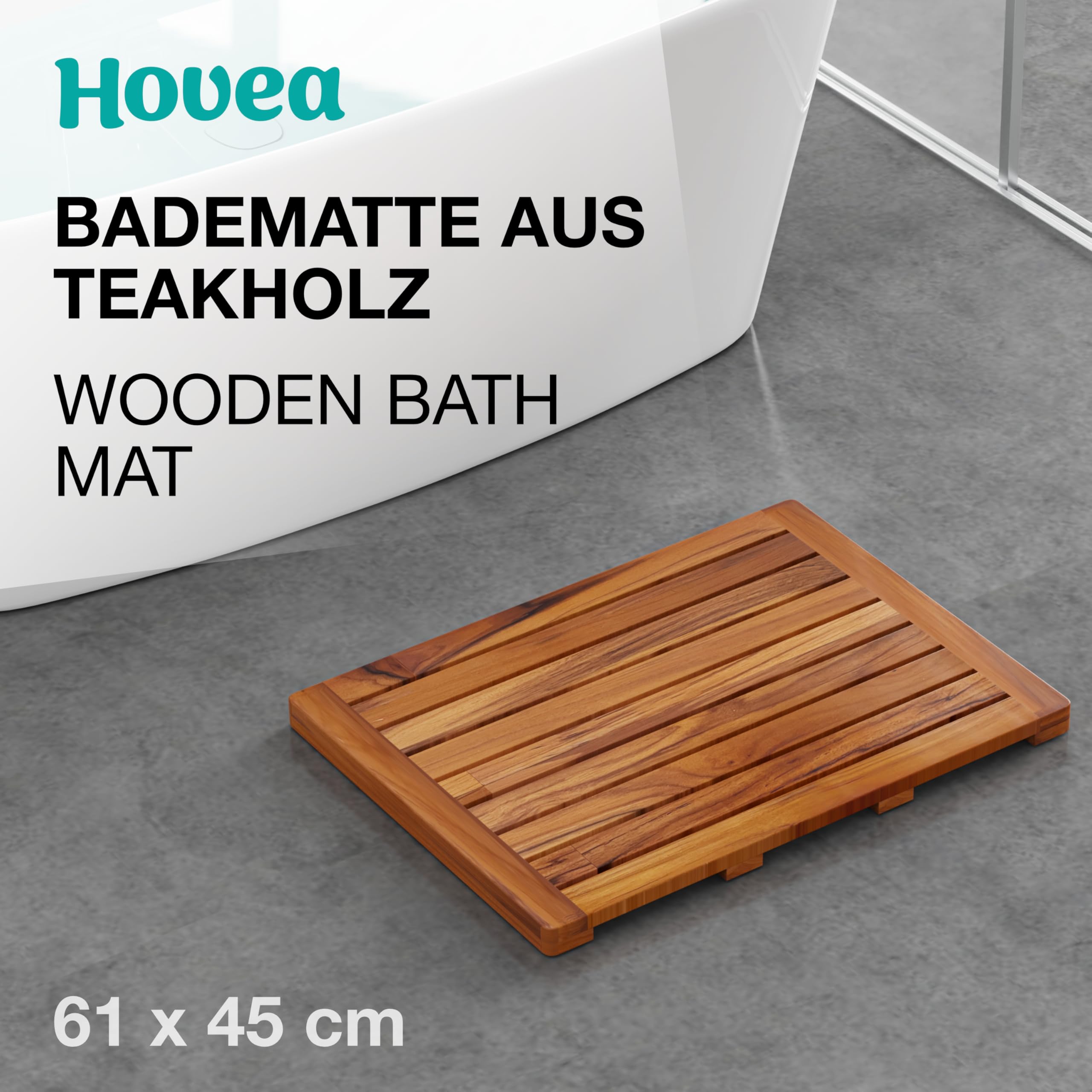 Badematte aus Teakholz 61 x 45 cm - Duschmatte Holz - Euchtigkeitsbeständig, Schimmelresistent und rutschfest - Saunamatte - Für Innen und Außen - Holzmatte Bad - CB6145
