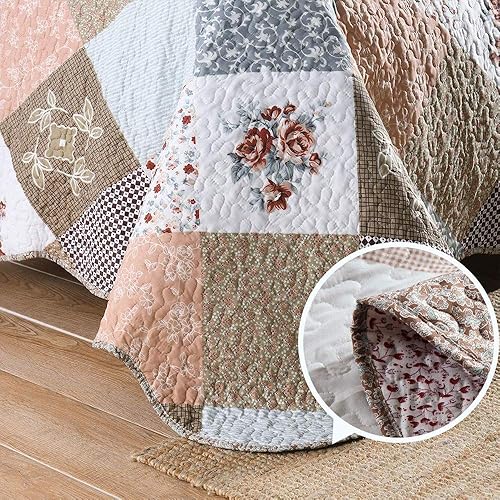 Miniatura 3 de ENJOHOS Juego de colcha de 3 piezas de color rosa y gris, colcha tamaño King, colcha ligera y reversible para cama King, estilo coreano, jardín de