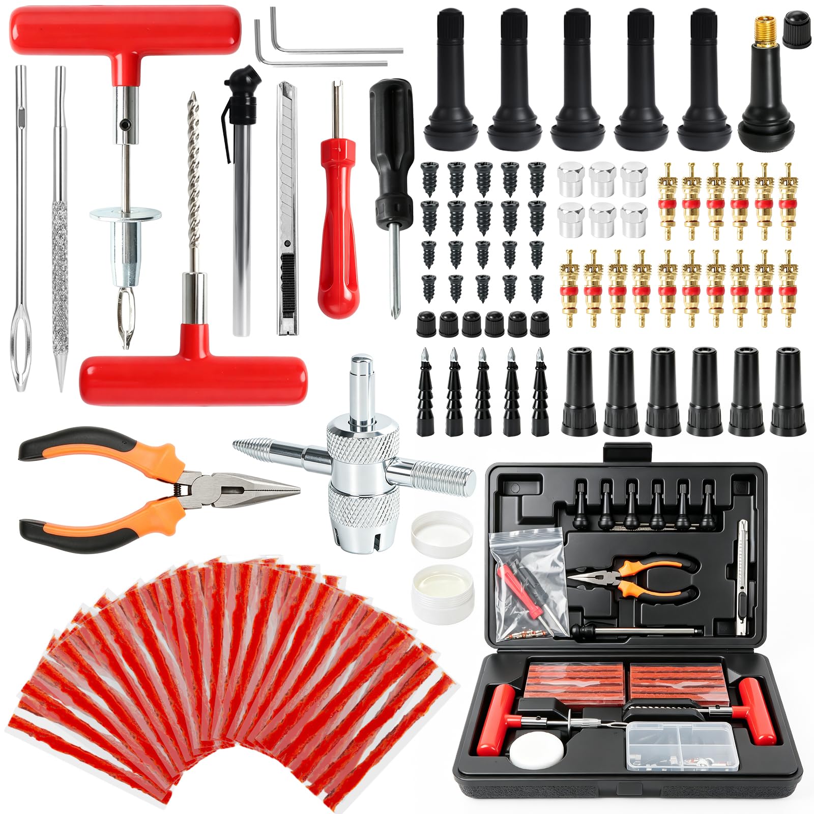 Kit de tapones para neumáticos, kit de reparación de neumáticos sin cámara de 130 piezas con herramientas de mango en T de metal resistente, tiras de reparación, tapones de reparación