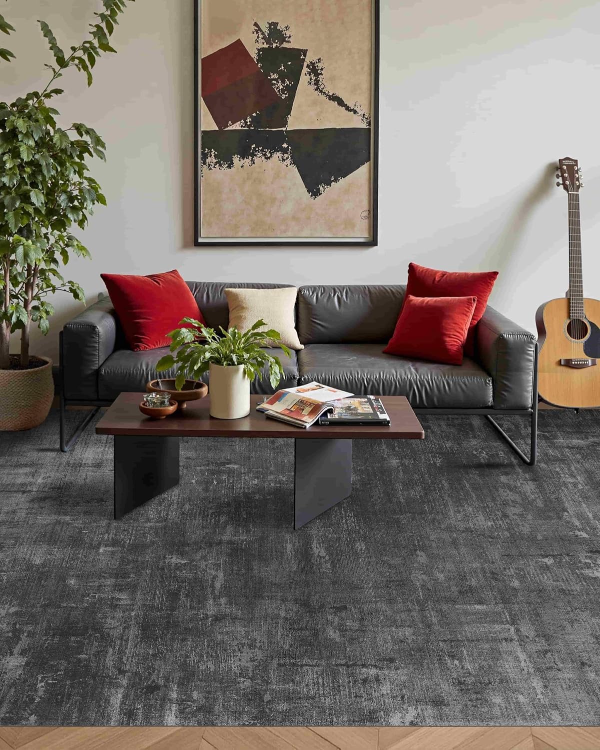 Tapis de salon lavable et antidérapant gris abstrait 200x250cm doux pour salle à manger