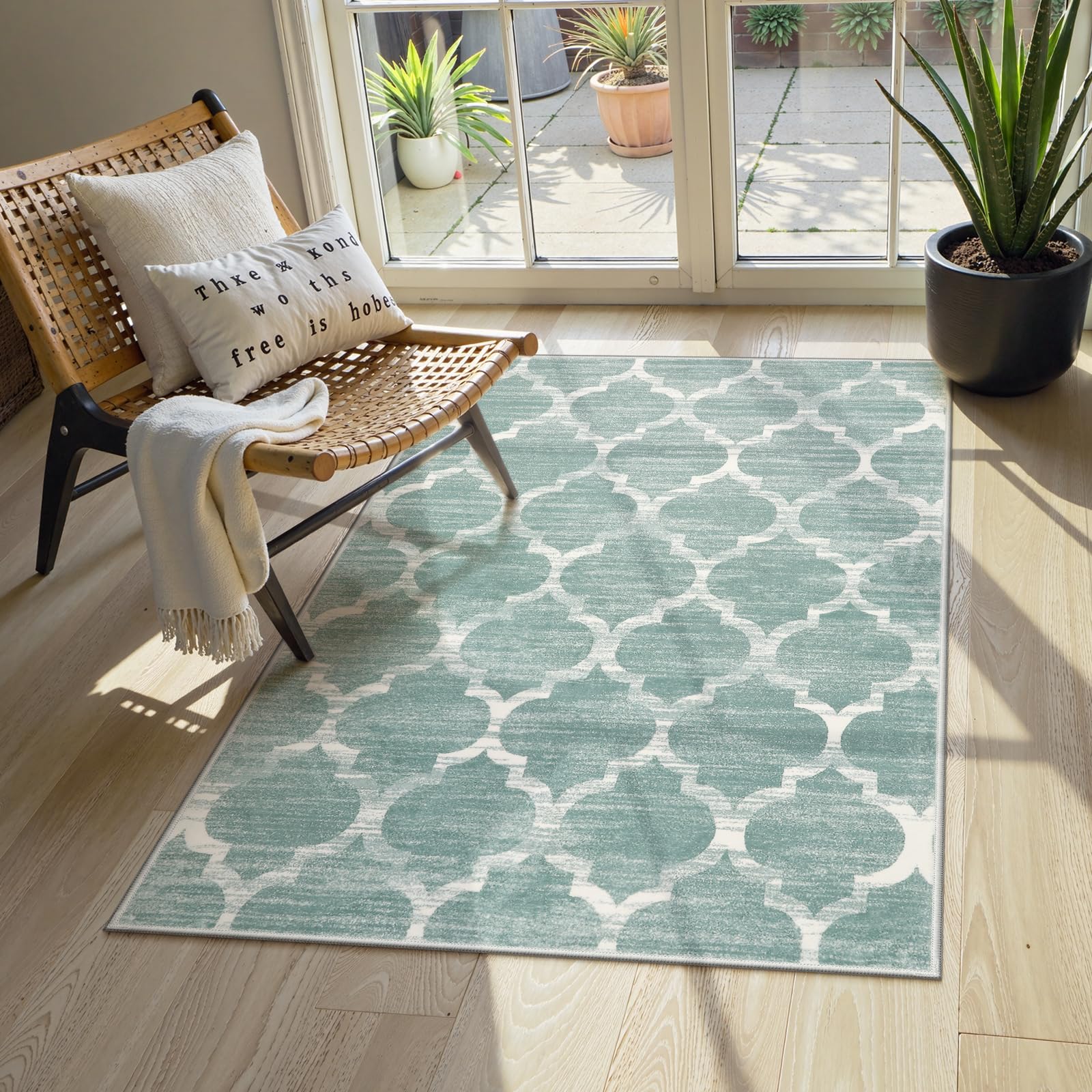 Lahome Moroccan Washable 3x5 Entryway Rug - 3x5 Area Rugs for Bedroom Throw Non-Slip Low-Plie Kitchen Rugs Soft Sage Distressed Capet for Office