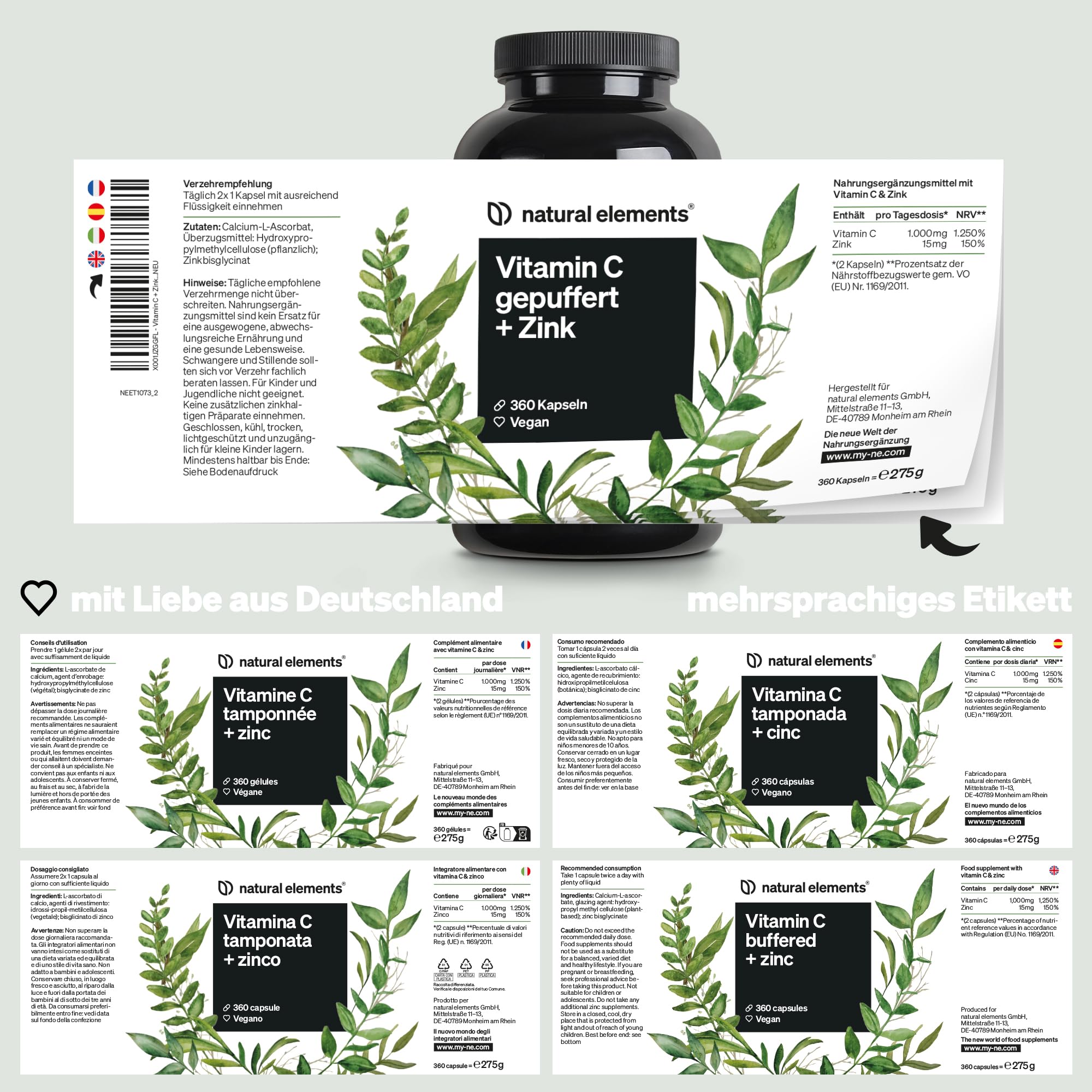 natural elements Vitamin C - 360 Kapseln - Hochdosiert mit 1000mg + 15mg Zink - Pflanzlich fermentiert & gepuffert (pH-neutral, säurefrei, magenschonend) - vegan, laborgeprüfte Qualität