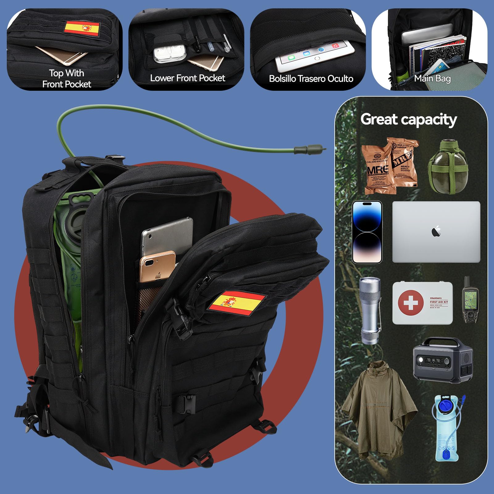 Delgeo Zaino Tattico Militare 45L, Grande Capacità, Impermeabile Pieghevole per Alpinismo, Escursionismo, Campeggio e Viaggi