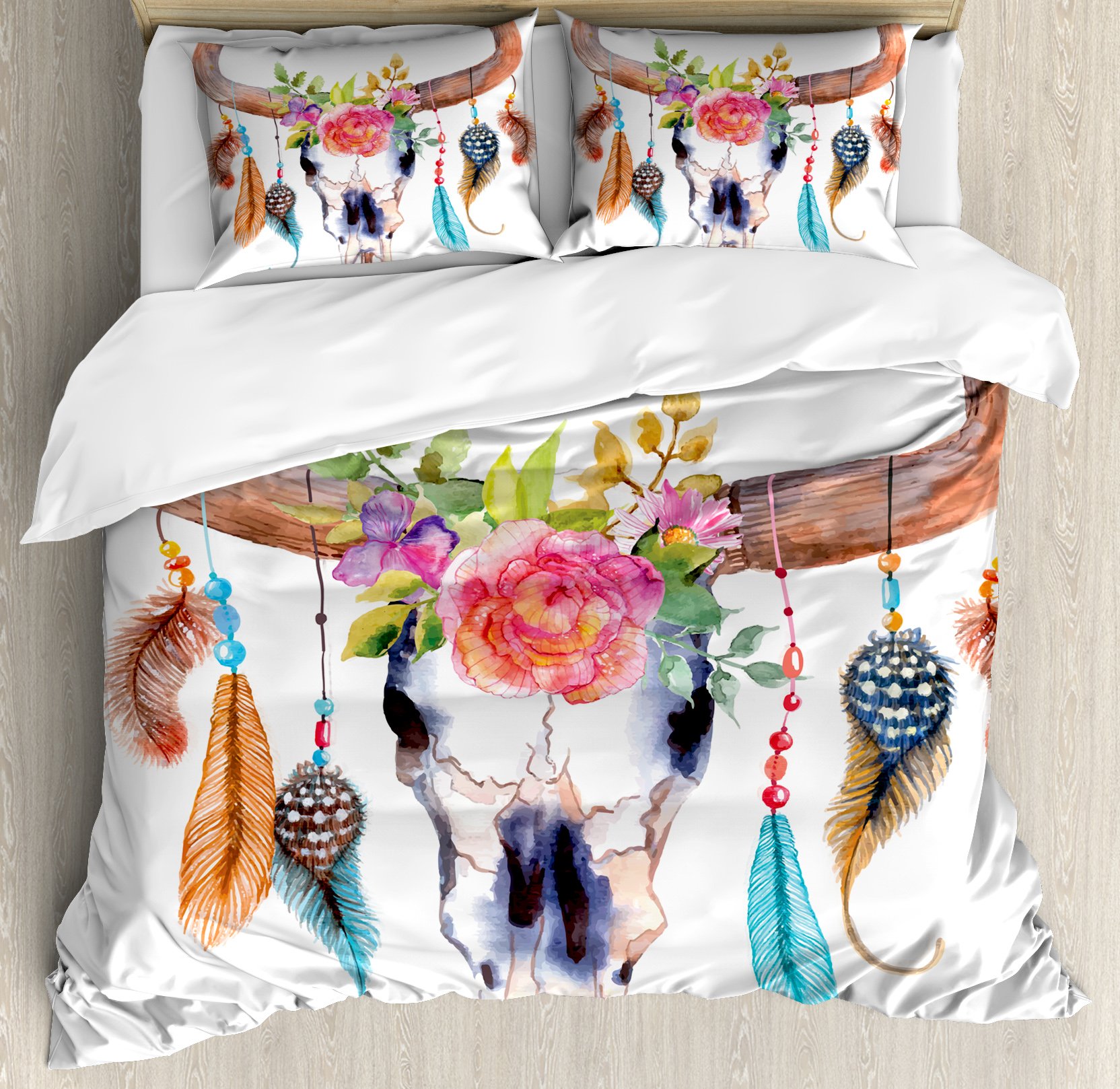 Ambesonne Watercolor Duvet Cover Set, Bull Skull Hanging Flower Feathers Inspired Design, Decorative 3 Piece Bedding Set with 2 Pillow Shams, King