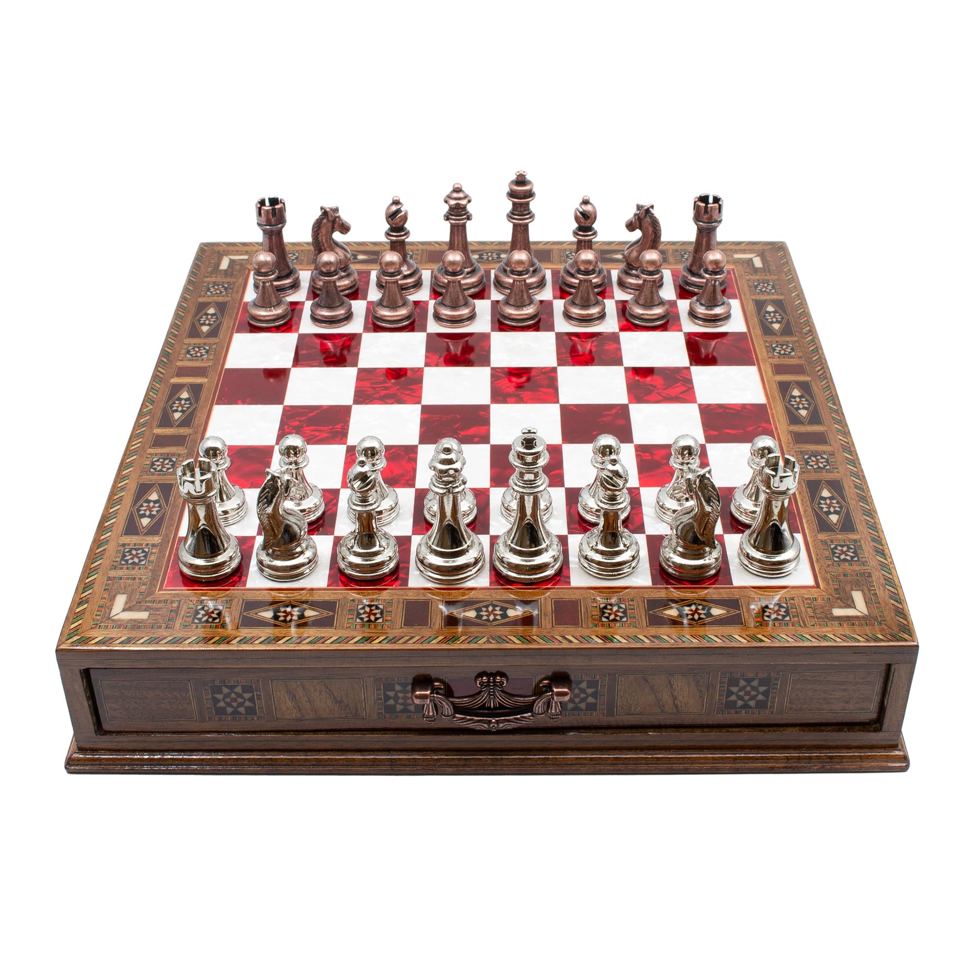GrandGiftStore - Juego de ajedrez hecho a mano con cajón, tablero de ajedrez de madera para adultos con almacenamiento, juego de ajedrez premium (38 x 38 cm, bolsa, rojo)