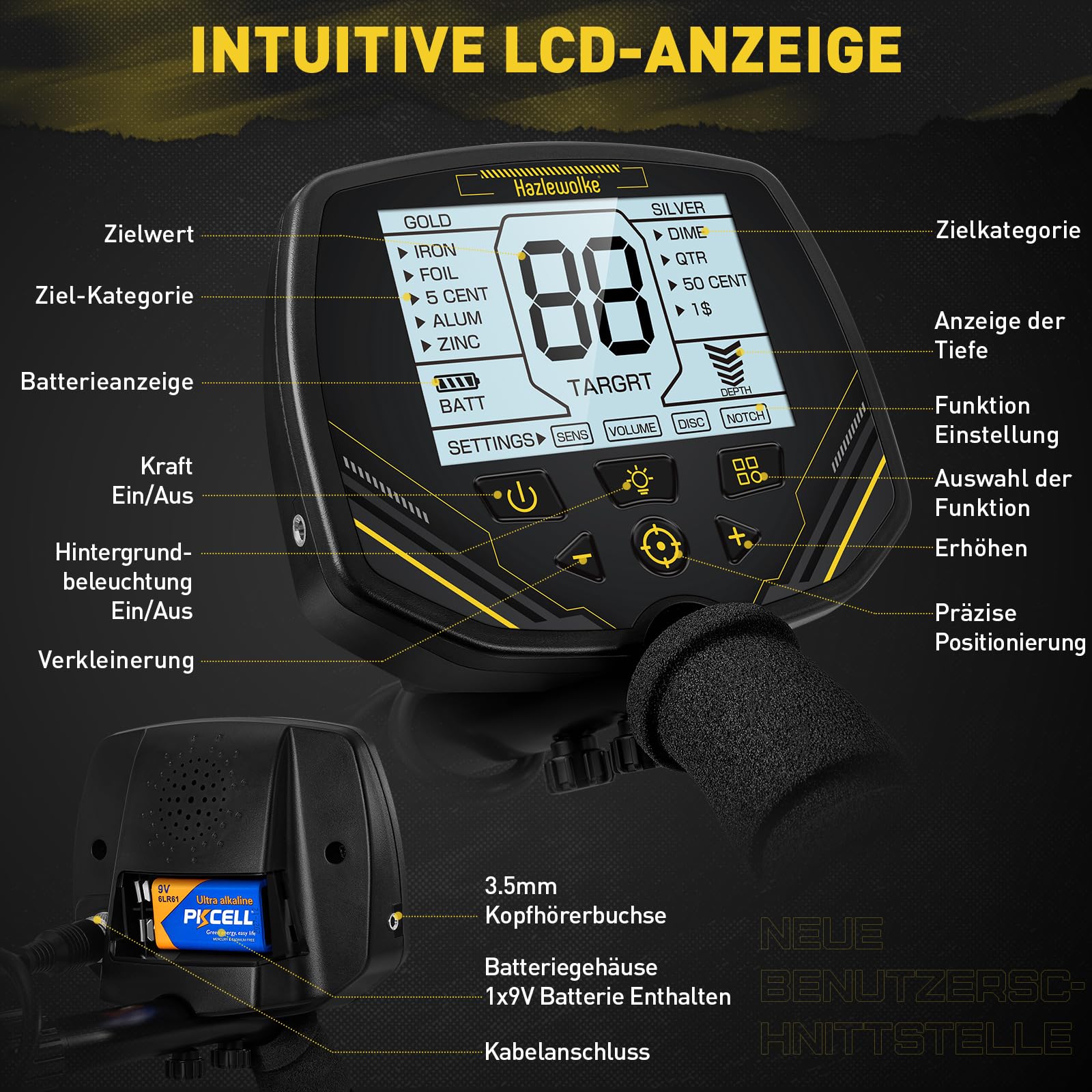 Hazlewolke Metalldetektor Mit 14'' Großer Wasserdichter Doppel-D-Suchspule, 4 Modi, Hohe Empfindlichkeit und Lokalisierung, Metalldetektor für Erwachsene Mit Beleuchtetem LCD-Display - DD90