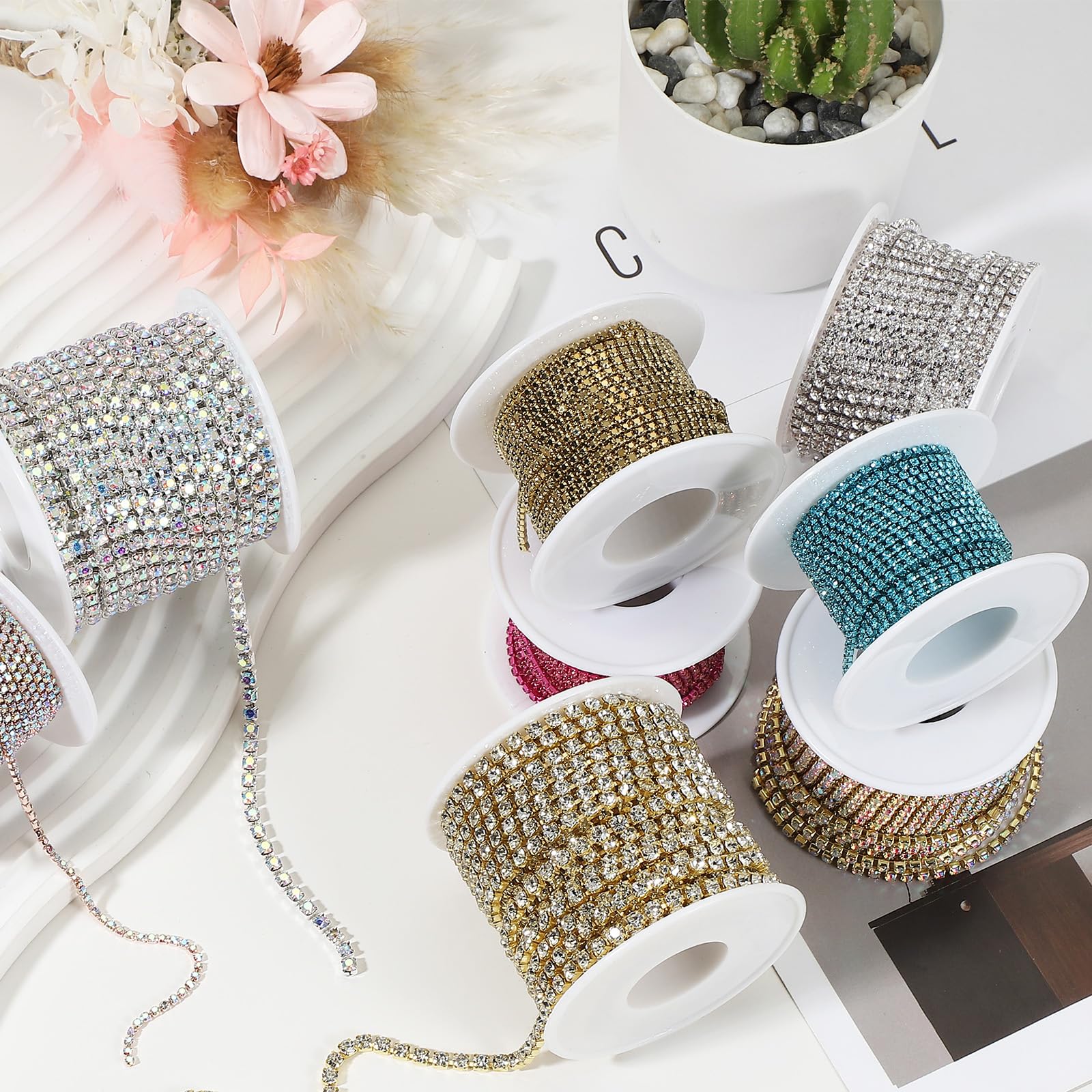 PATIKIL Catena con strass da 9,1 m, 1 rotolo da 3 mm, con strass di cristallo, per lavori fai da te, base rosa chiaro