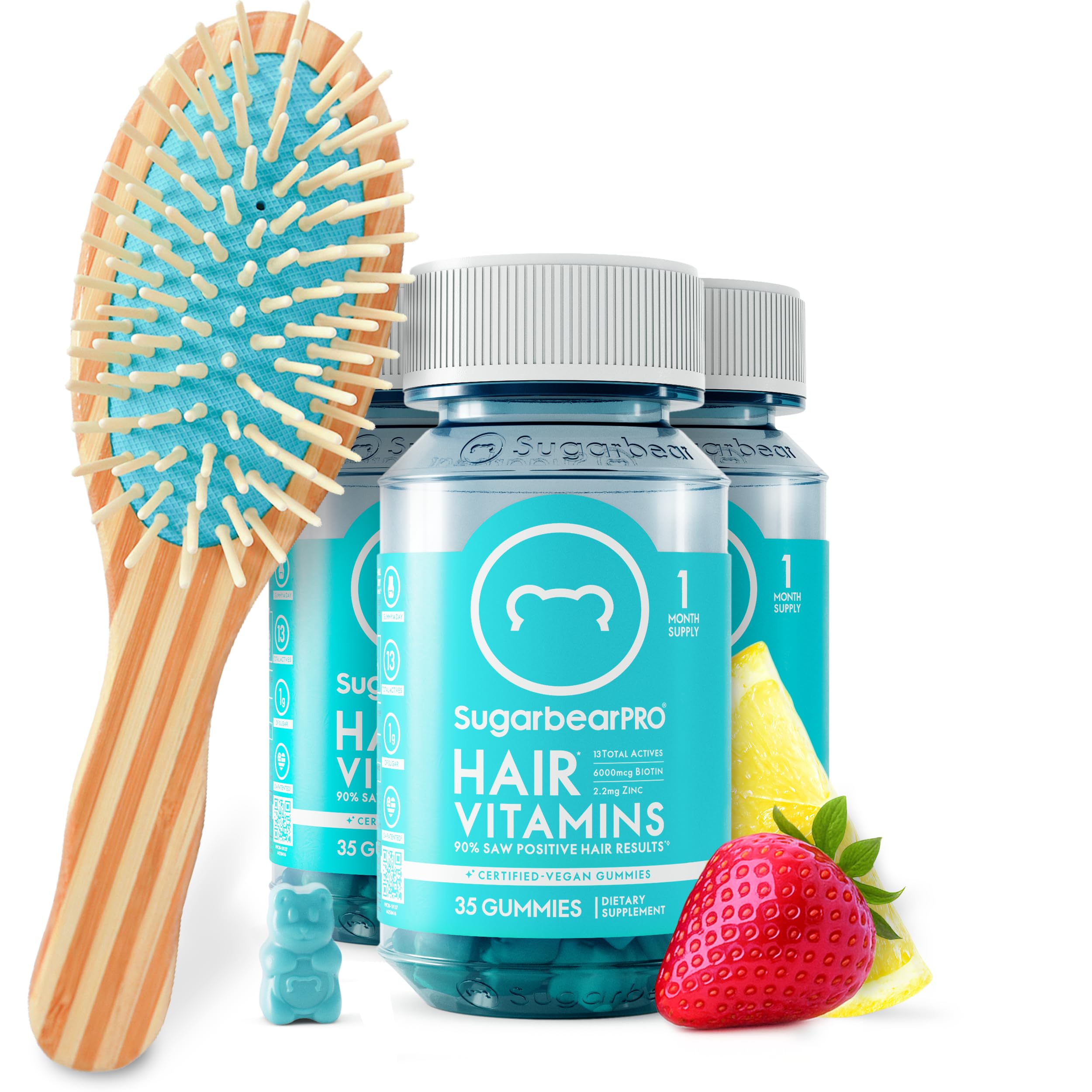 Sugarbear Gentle Detangling Bamboo Hair Brush + Vegan Hair Vitamin Gummies 3 Month Supply, Extra Strength Biotin 6000mcg for Supporting Healthy Straight, Wavy, Curly & Kinky Hair