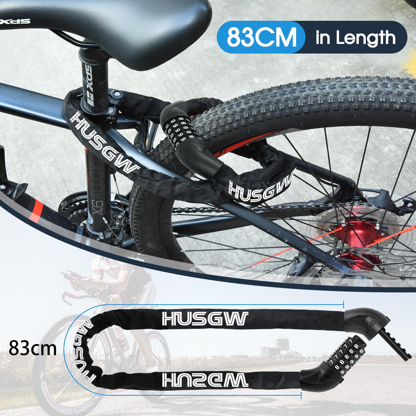 Lucchetto Bici, Lucchetto per bicicletta a 5 cifre, Catena Bicicletta Antifurto, Lucchetto Bicicletta con Combinazione per Catena Moto Monopattino(4mm 83cm)
