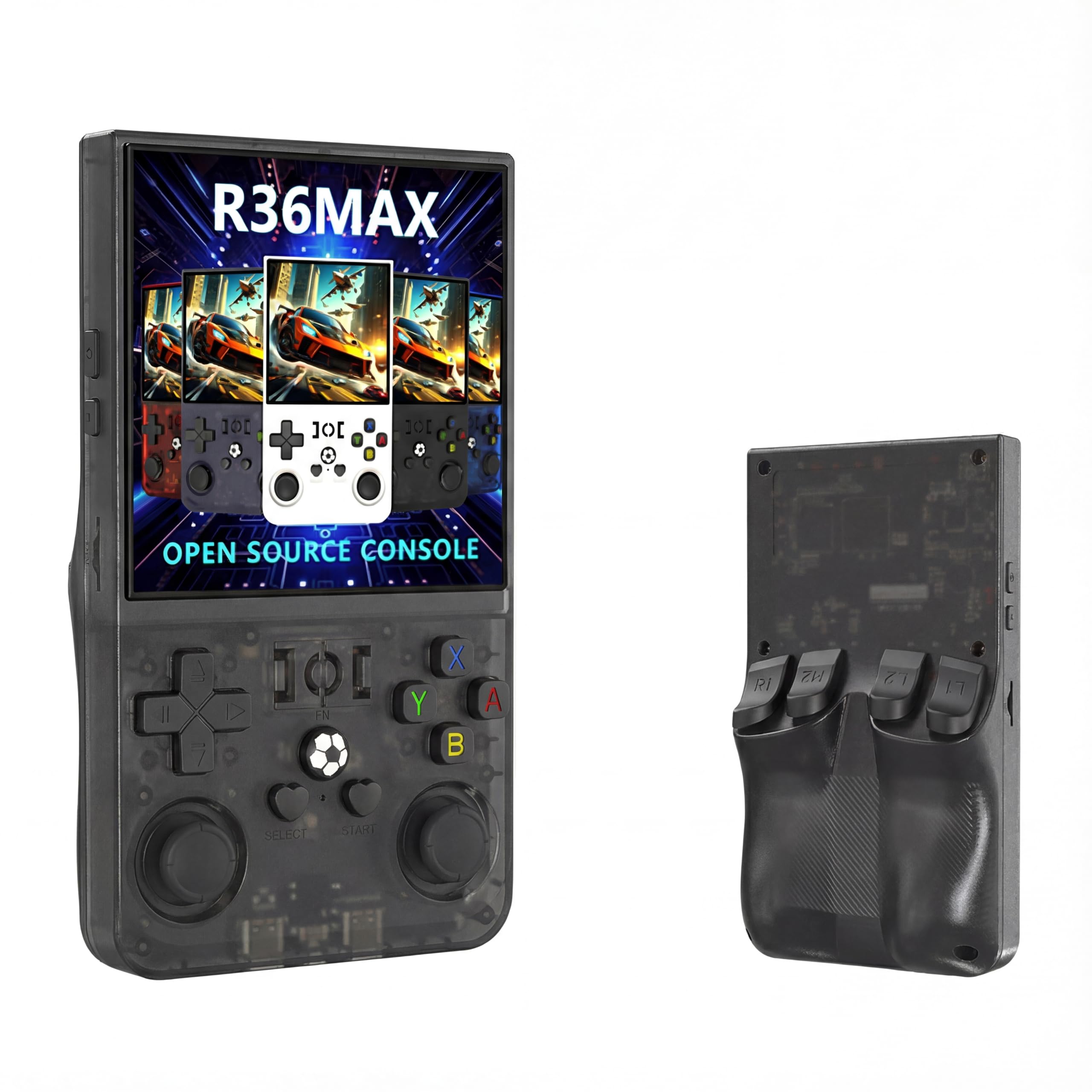 R36MAX 携帯ゲーム機 ポータブルゲーム機 4インチ720×720 IPS HD ハンドヘルドゲームコンソール エミュレーターゲーム機本体 30+レトロゲーム内蔵 RK3326搭載 4000mAh バックキー付 二人プレイ対応 (フロストブラック, 64G)