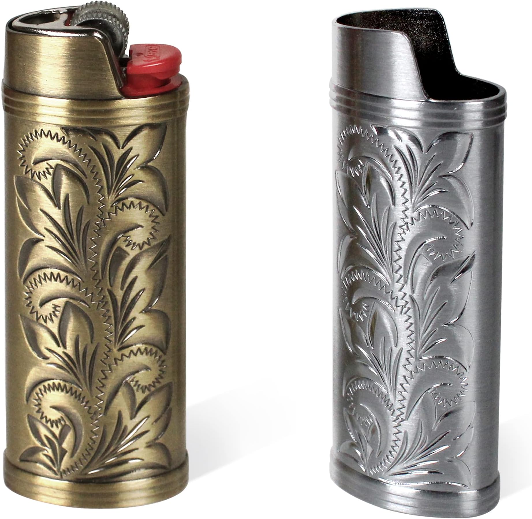 2 Pack Vintage Metal Lighter Case Cover Front Arabesque Engraving Reusable Lighter Sleeve for Bic J6 Regular Lighters (Style2-Bronze&Silver, 2)