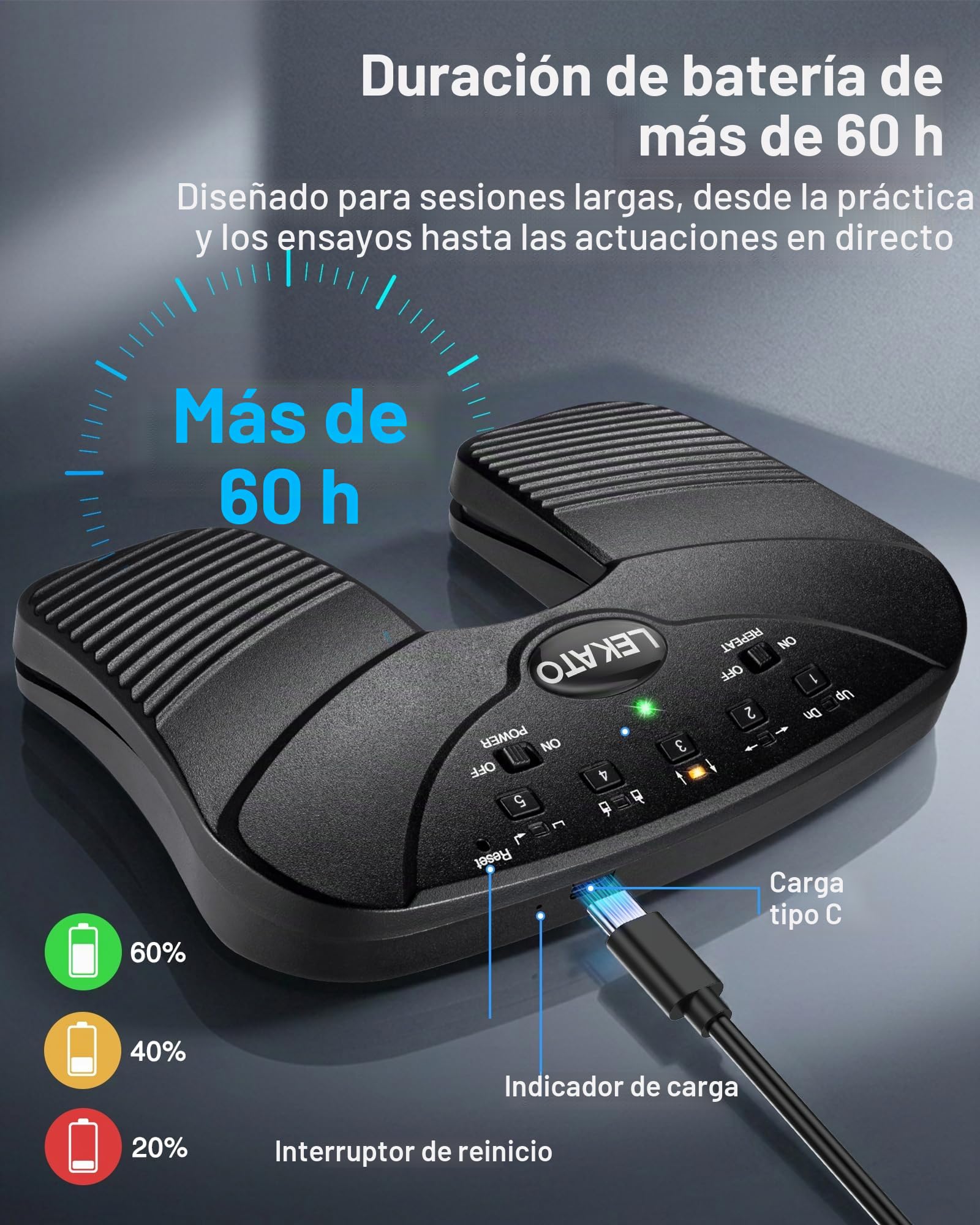LEKATO Bluetooth Page Turning Pedal, Pedal de giro de página Bluetooth, volteador de página de música recargable, controlador de pie para iPad, tableta y teléfono inteligente
