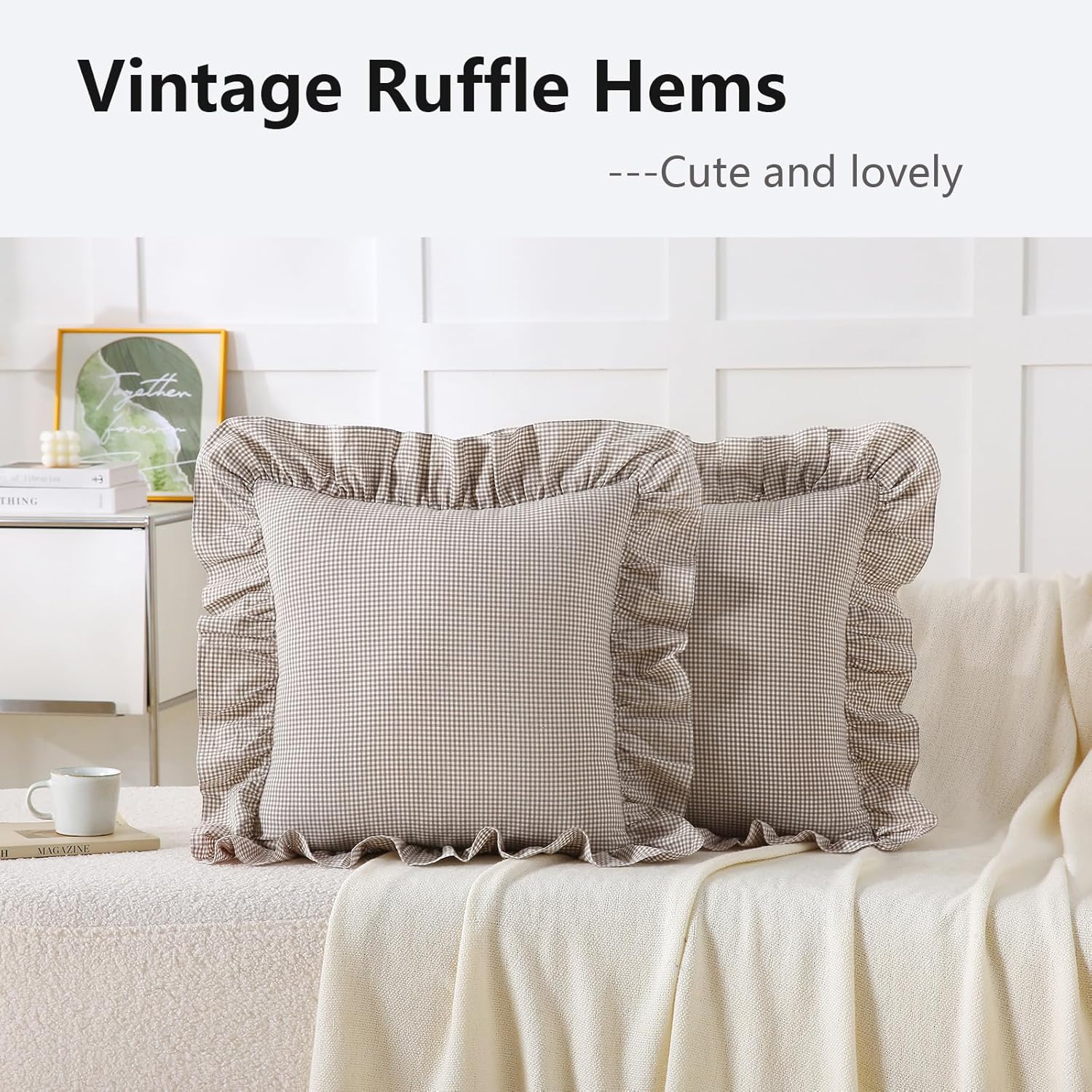 Aryeleay 2 Pack Brown White Plaid Gingham Ruffle Pillow Shams, 100% Washed Cotton Checkered Farmhouse Pillow Covers for Bed/Sofa-20 x20
