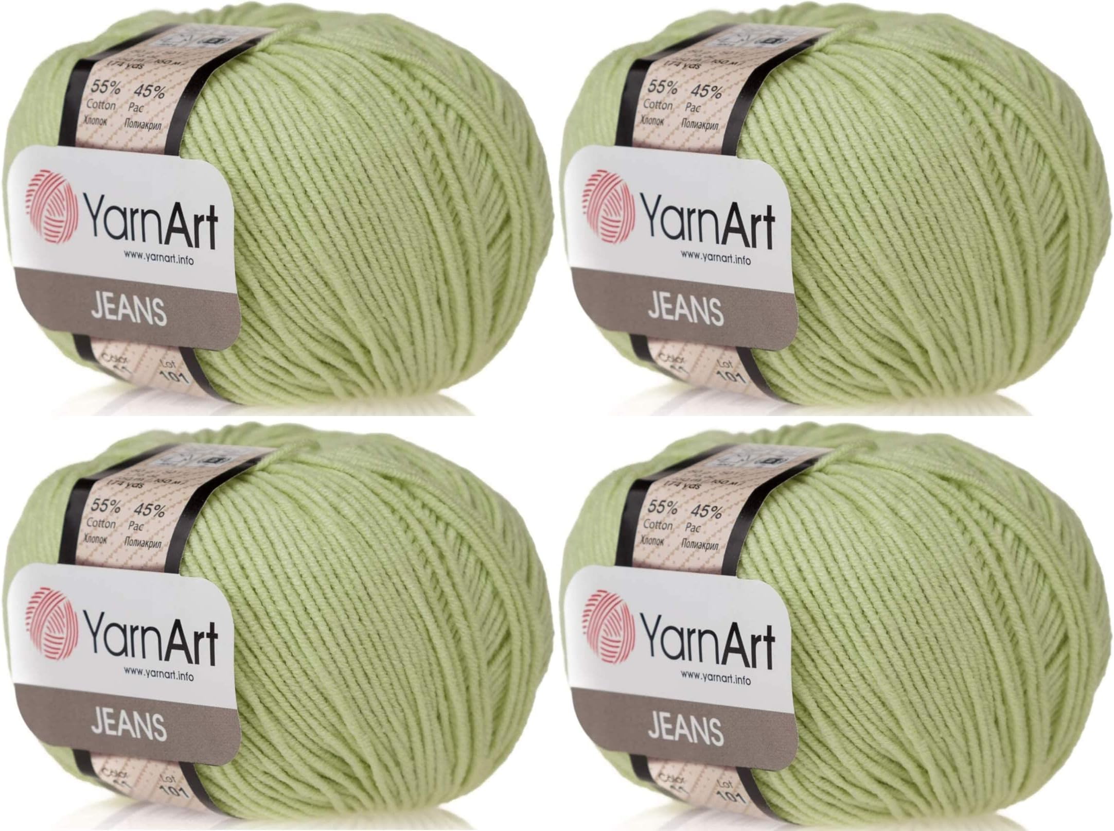 4 Skeins YarnArt Jeans 55% Cotton 45% Acrylic Yarn Blend Thread Crochet Hand Knitting Art Lot of 4skn 200 gr 696 yds (11-Light Green)