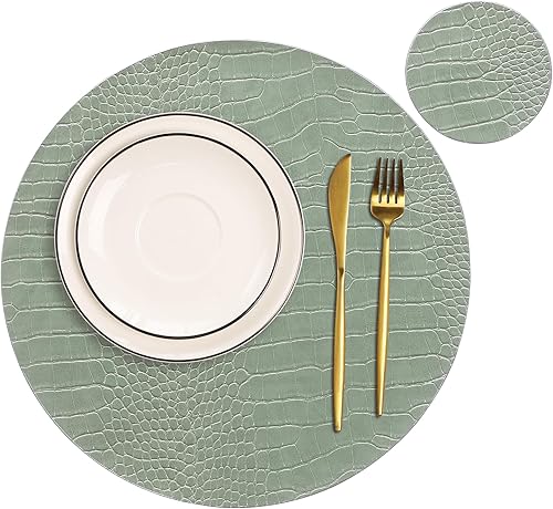 Miniatura 13 de Juego de 4 manteles individuales redondos de cuero para mesas redondas, manteles individuales y posavasos negros, lavables, fáciles de cuidar para H