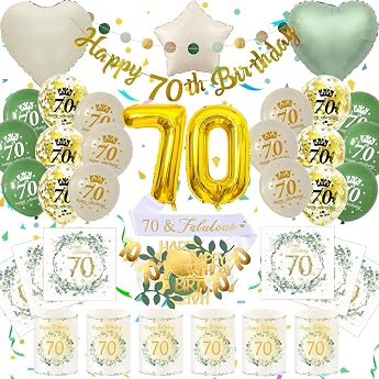 70th Birthday Decoration Men Women Eucalyptus 70th Happy Birthday Decoration Balloon Green Gold Banner Confetti Sash Napkins Lantern Table Decoration Cadeau 70 Woman Man Set 70th Birthday