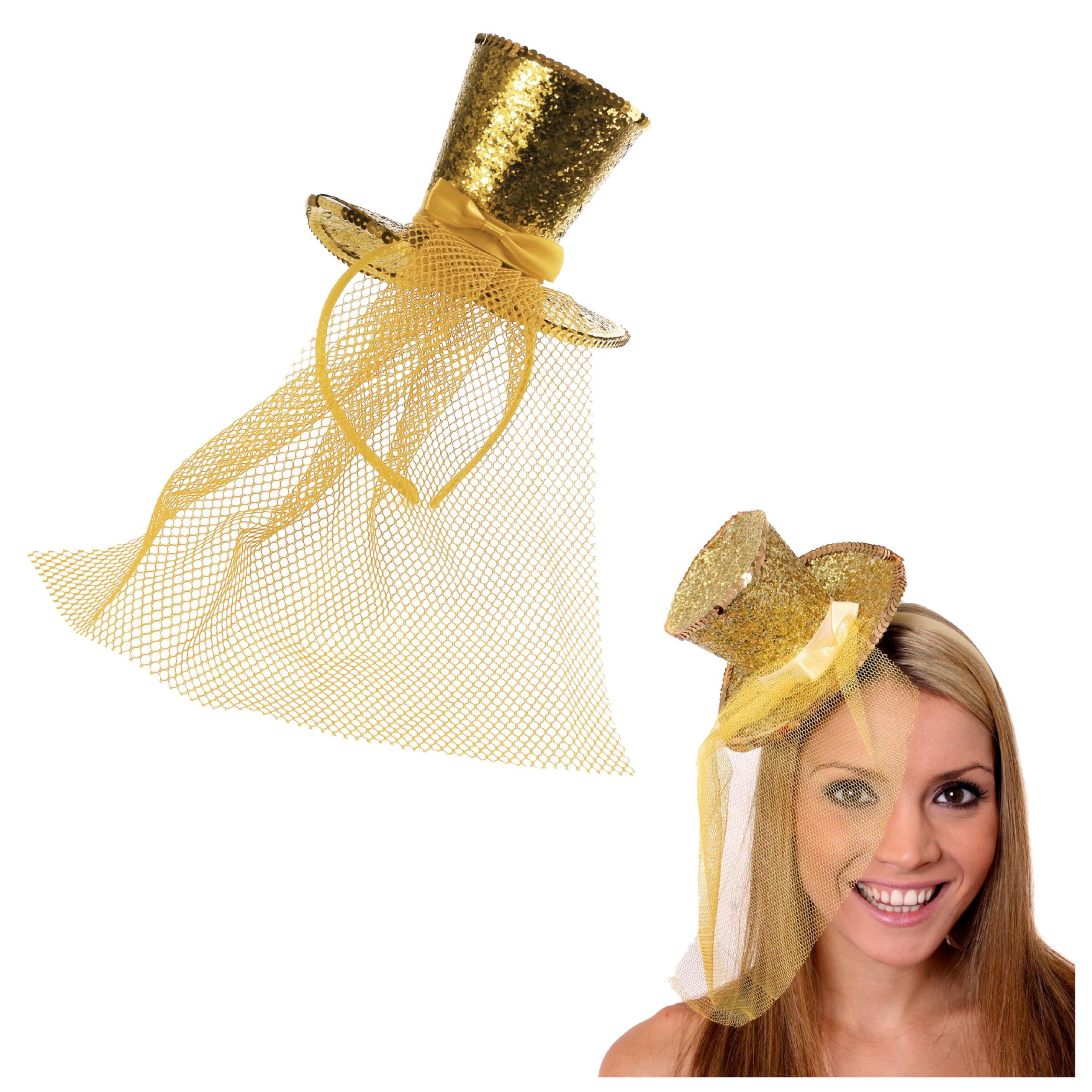Ladies Glitter Top Hat - Pack of 1 - Mini Gold Sequin Top Hat with Matching Fascinator Veil - Ladies Halloween Christmas Fancy Dress Costume Accessory