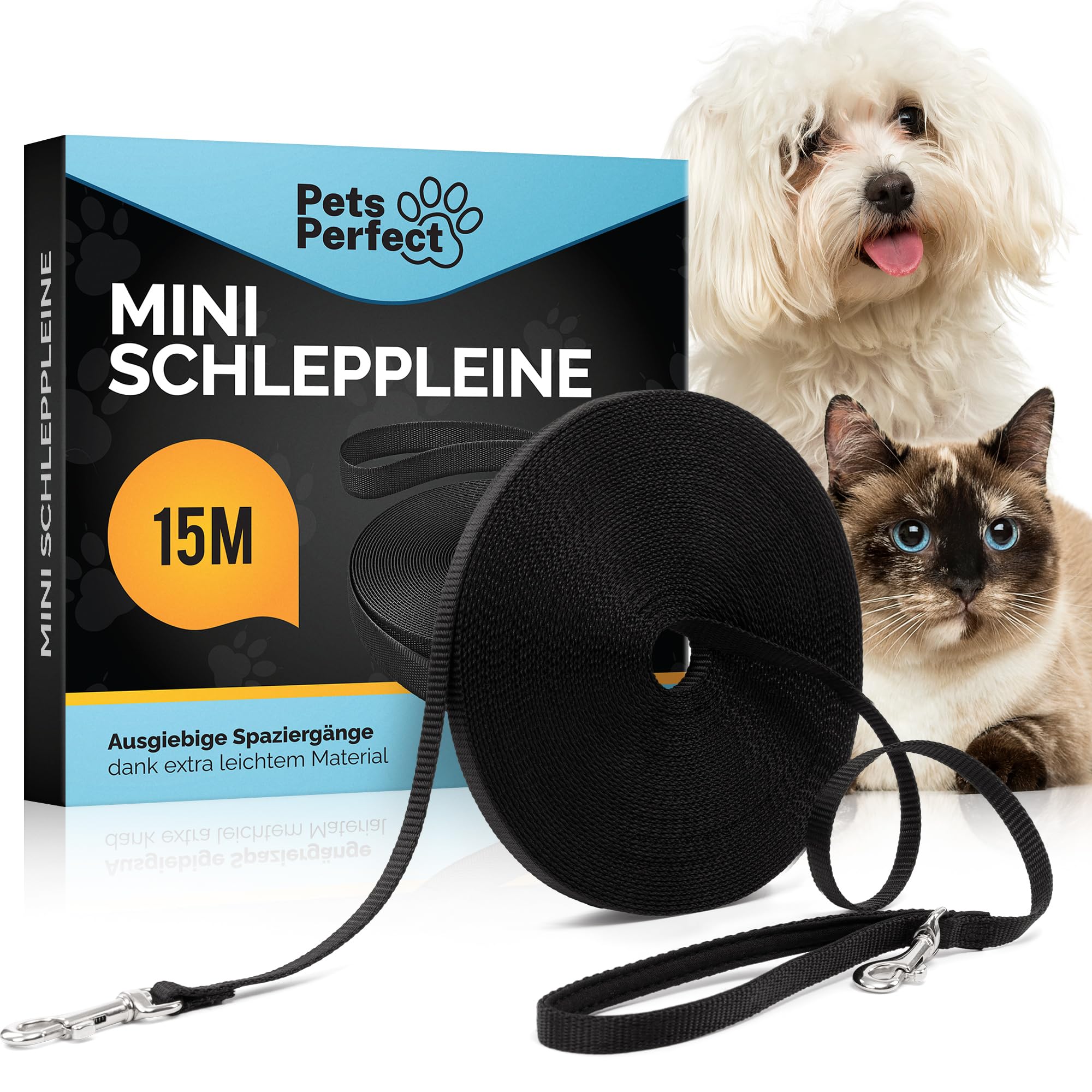 PETS PERFECT SCHLEPPLEINE 15M – Lange Leine Hund für Training & Freilauf – Schleppleine Kleine Hunde extra leicht & robust für Hunde und Katzen – Schwarz