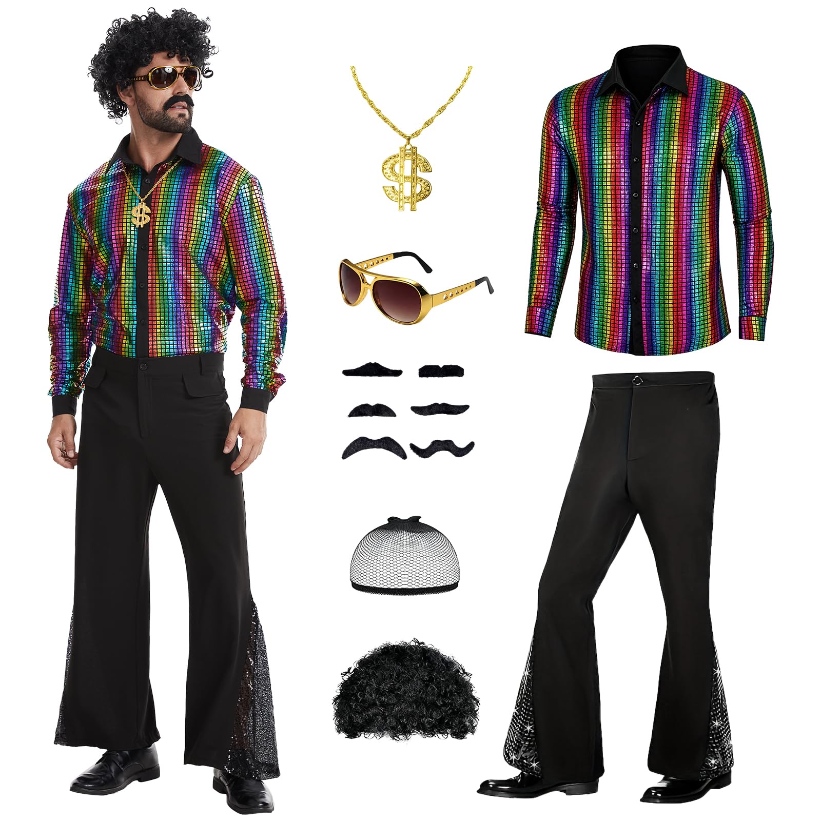 HZVRTN 70s Fancy Dress Mens,Disco Ball Costume,1970s Retro Outfit with Accessories for Retro-themed Parties And Halloween. (Color, XL)