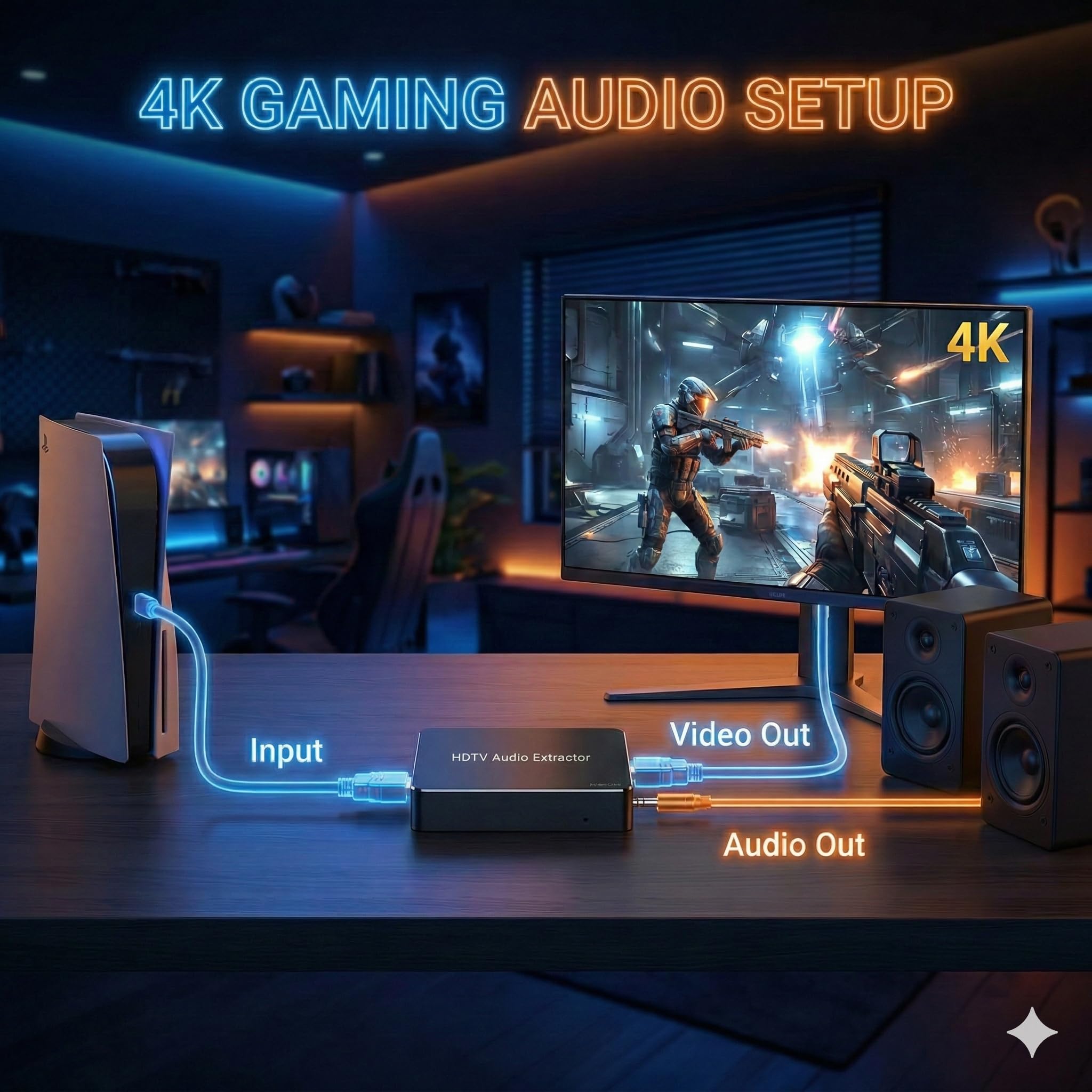 Extracteur Audio HDMI 4K Convertisseur vers Optique Spdif Toslink + Jack 3.5mm Stéréo, Adaptateur Splitter Audio Vidéo Séparateur de Son (3 Modes: Pass/2CH/5.1CH) pour PS5/PS4/Fire TV/Ampli