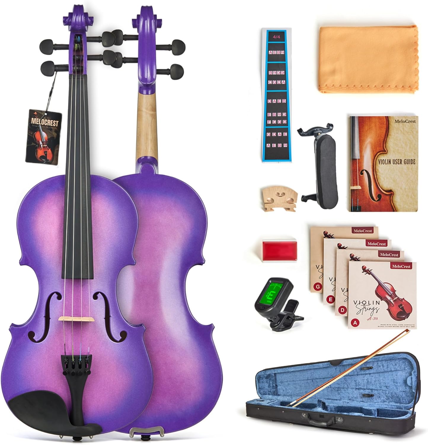 Prism Series 4/4 Solid Wood Violin – Colorful Finish, Ebony Fittings, Student Full-Size Violin Starter Kit with Tuner, Shoulder Rest & Extra Strings – Great Gift for Beginners (Purple)