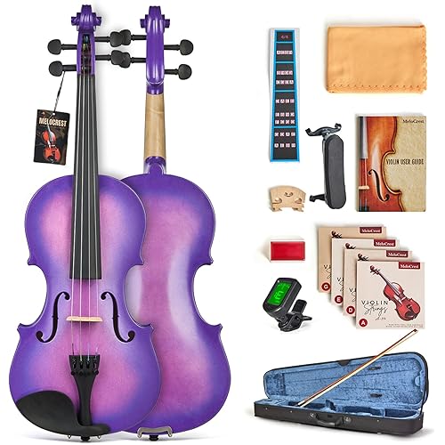 Prism Series 4/4 Solid Wood Violin – Colorful Finish, Ebony Fittings, Student Full-Size Violin Starter Kit with Tuner, Shoulder Rest & Extra Strings – Great Gift for Beginners (Purple)