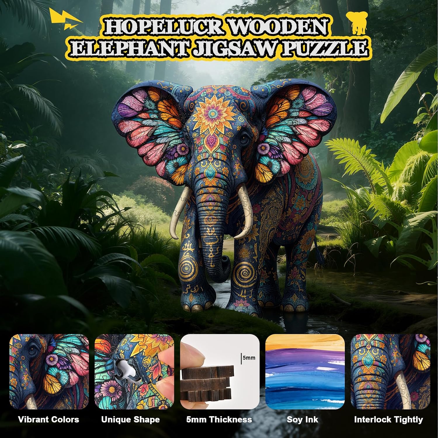 Wooden Puzzle for Adults, Floral Elephant Wooden Jigsaw Puzzle 200 Piece, 5MM Unique Shape Wooden Puzzles Adults, Fun Challenging Elephant Puzzles for Kids Family Game Wall Art Decor 11 * 10.4in