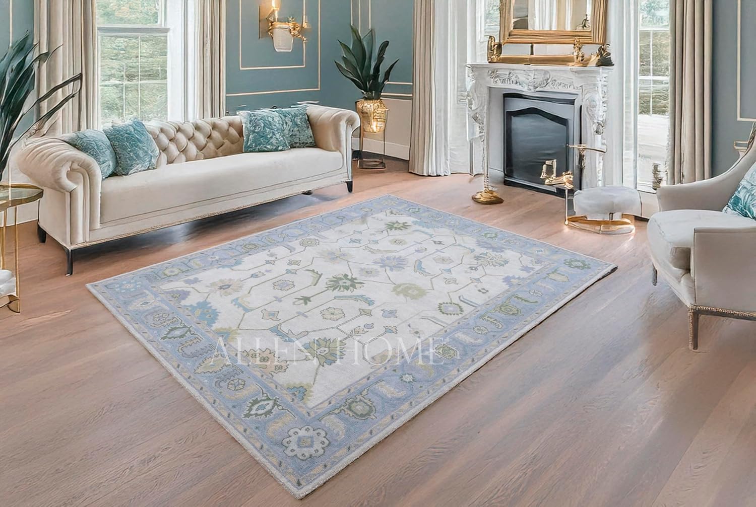 Hand Tufted Oushak Traditional Wool Area Rugs 5' x 8' - Durable - 100% Wool - Living Room, Dining Room, Bedroom, and Entryway Area Rugs - Oushak Lori Design Rug Light Blue