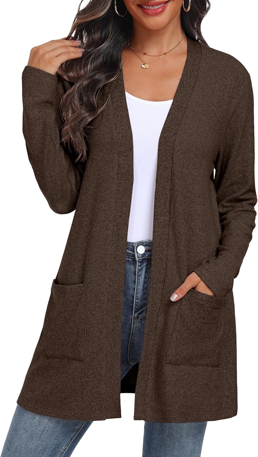 QIXING Women's Sweater Cardigan Open Front Lightweight Cardigan Long Sleeve Cardigans with Pockets