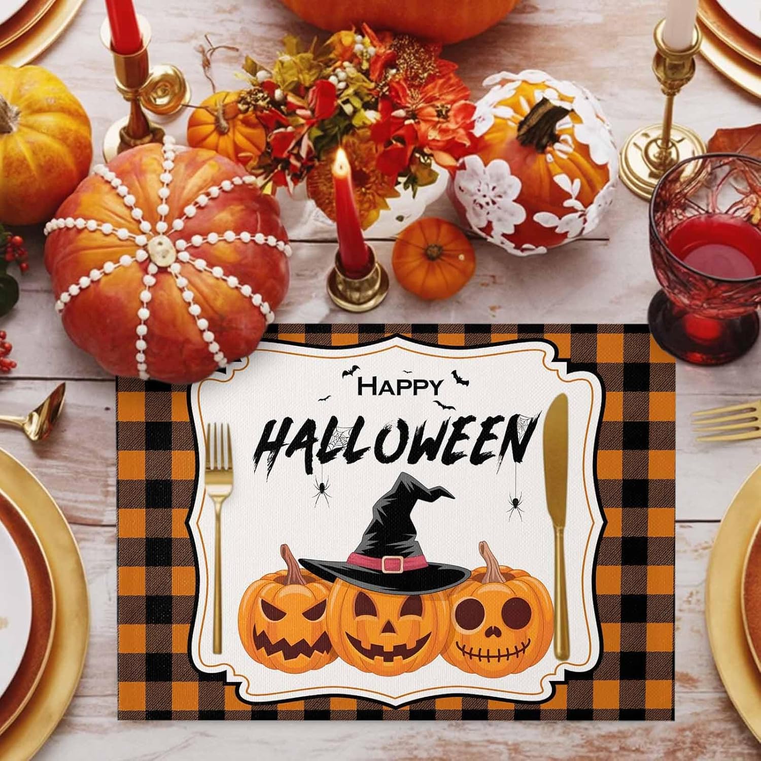LooPoP Placemats Set of 4 Washable,Wicked Pumpkin Orange Placemat for Dining Table Decorations, Heat-Proof Table Mats for Kitchen Dinner Banquet Halloween Buffalo Check