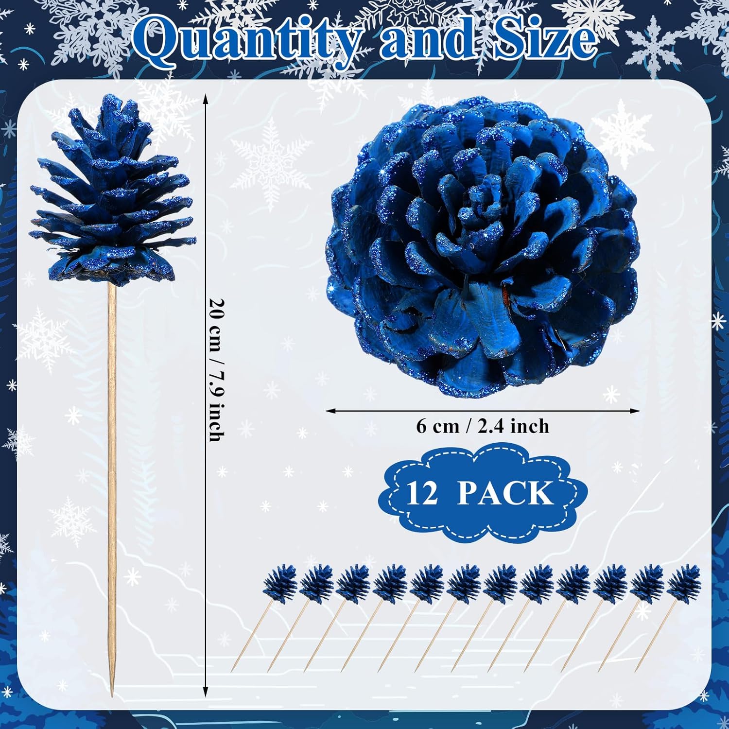 12個 ブルー クリスマス グリッター 松ぼっくり クリスマスツリー用ピック 3.15インチ 有線ステム付き松ぼっくり 人工クリスマ