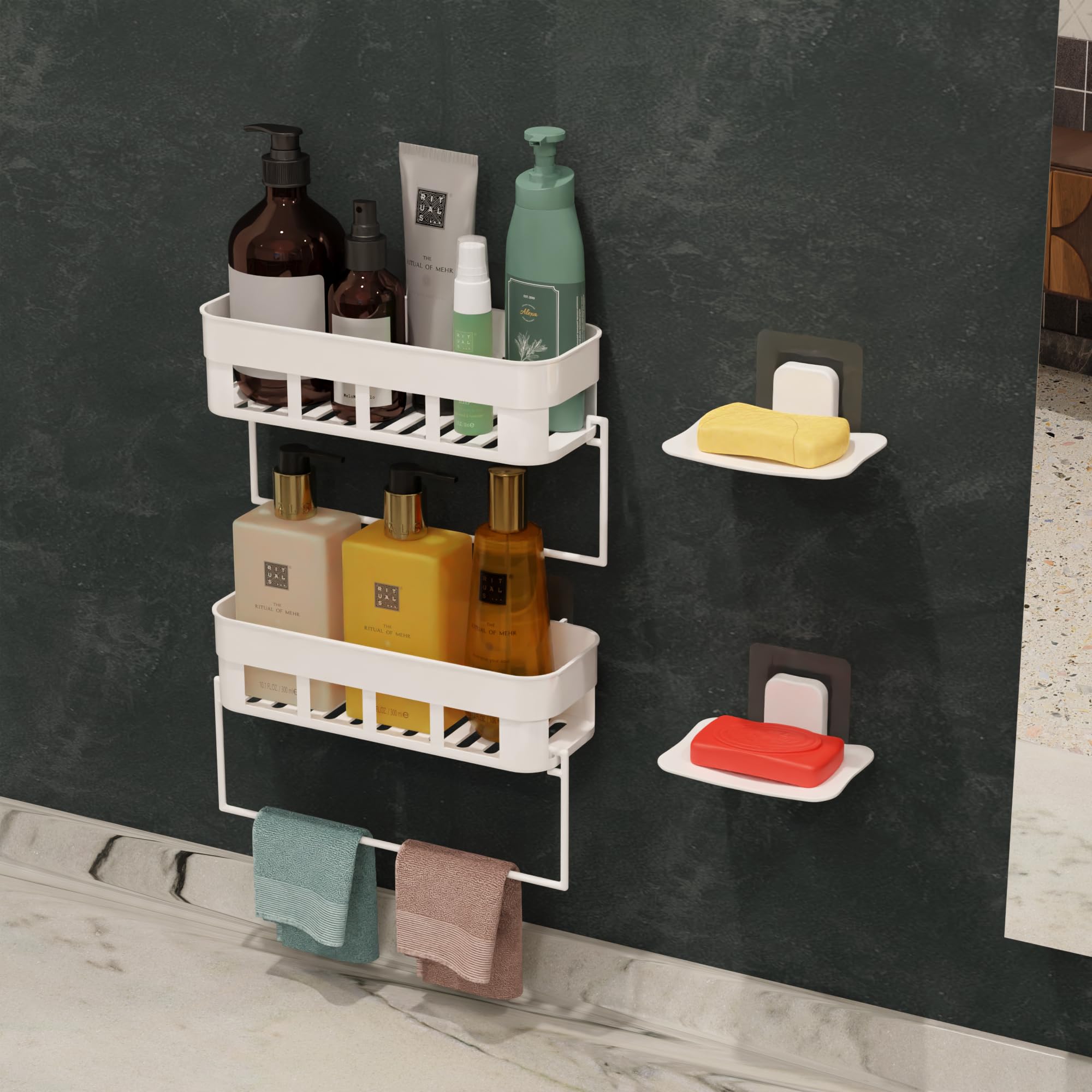 QXORE Plastic Bathroom Rack Shelf Organizer,Wall Mounted Shelf,For Hardware And Accessories Bathroom Stand Corner Shelf For Living Room And Washroom Also Self Adhesive (2 Bath+2 Soap Dish+2 Hanger) (B00E5Q3VGK) Amazon Price History, Amazon Price Tracker