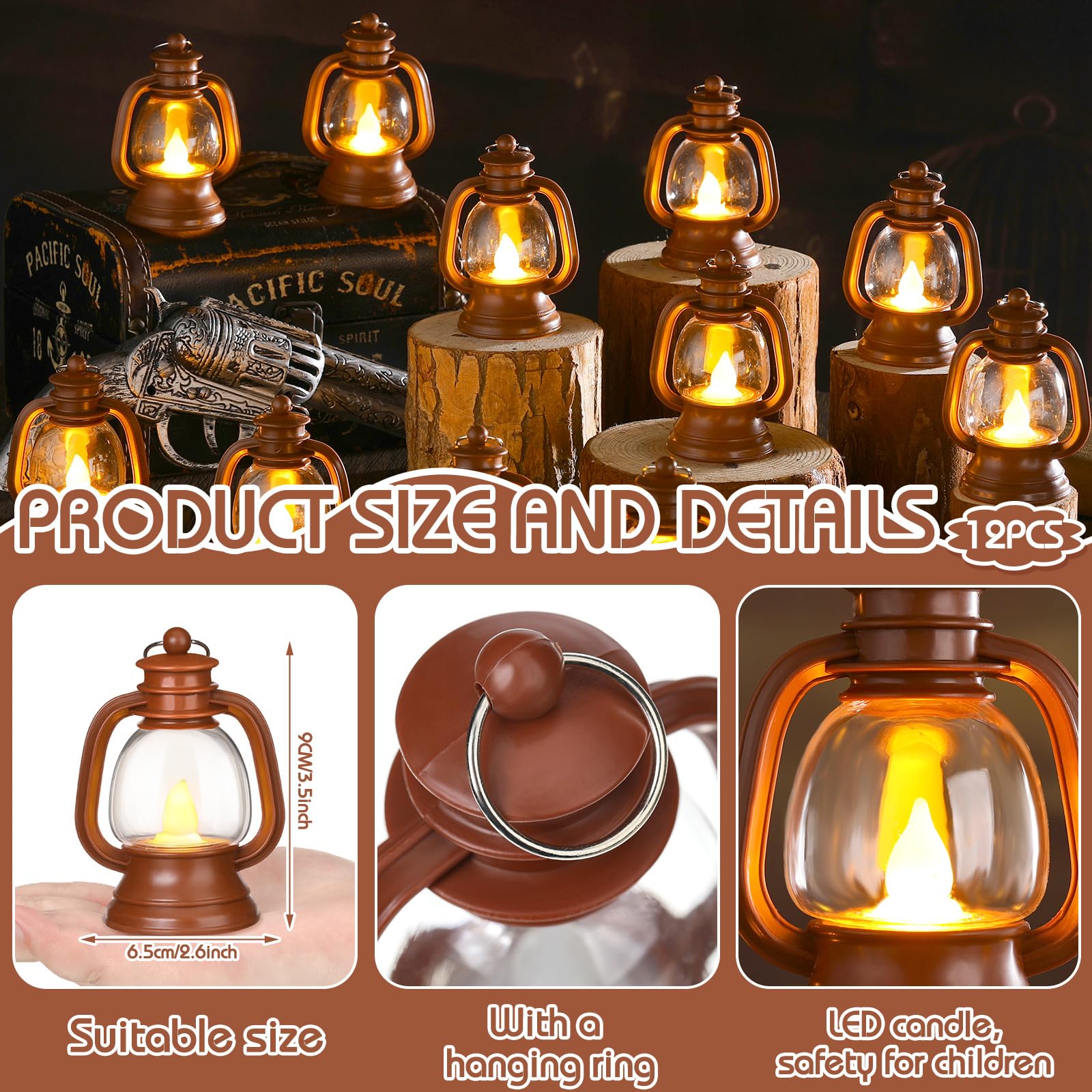 Ferraycle 12er-Set Western-Mini-Laternen – 10,2 Cm, Blau, Mit LED-Flackerlicht, Für Deko Zu Halloween, Weihnachten & Cowboy-Partys