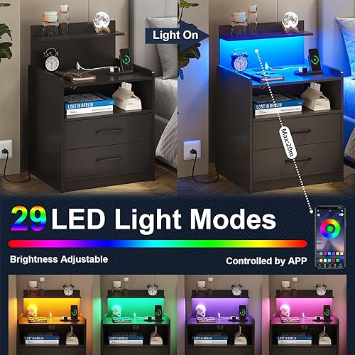 Miniatura 3 de Mesita de noche LED con estación de carga, mesita de noche con 2 cajones y almacenamiento abierto, mesita de noche con luces LED, mesa auxiliar