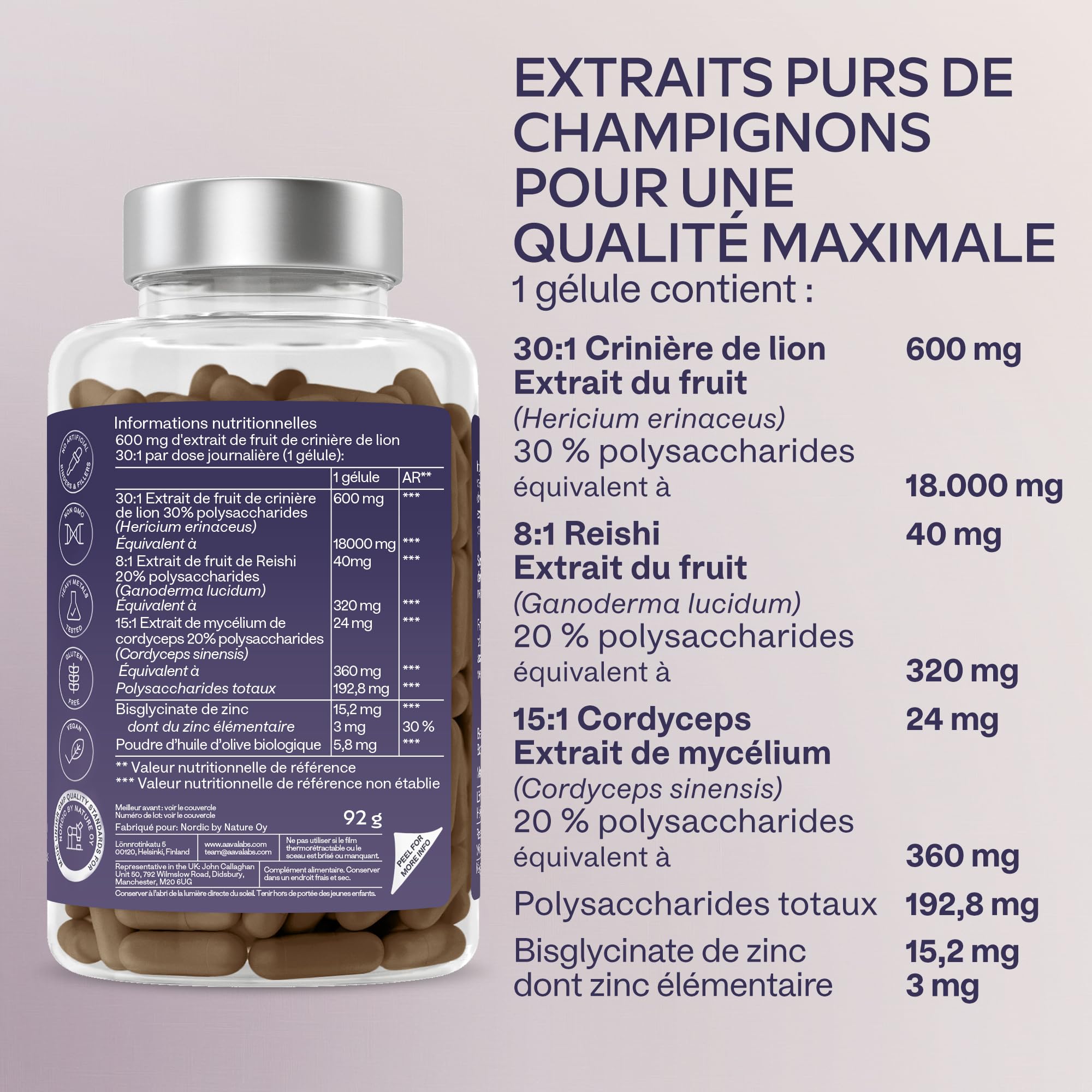 Lions Mane 18000mg 30:1 avec Cordyceps Sinensis, Reishi Ganoderma et Zinc | Criniere de Lion Champignon Hericium Erinaceus Nootropique Puissant Memoire et Concentration Mushroom Complex - 120 Gelules