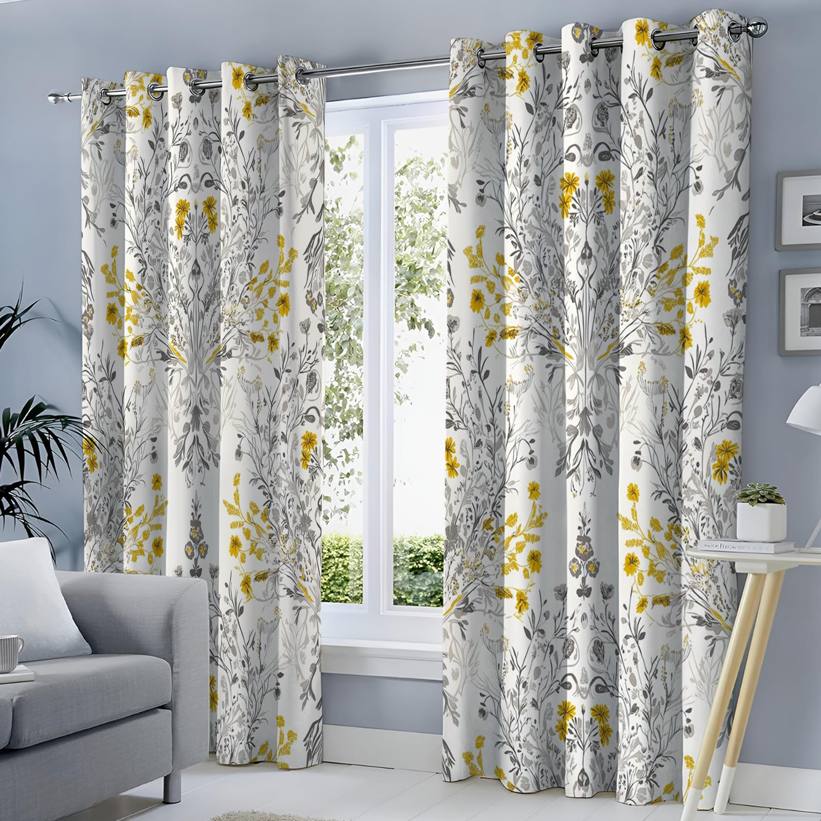 Bianco Giallastro Fiori Simmetrici Tenda Oscurante Con Occhielli Piante Squisite Poliestere Riduzione Rumore Insonorizzata Tendaggi Per Soggiorno Camera Da Letto Cucina 140x175cm(Larghezza x Altezza)