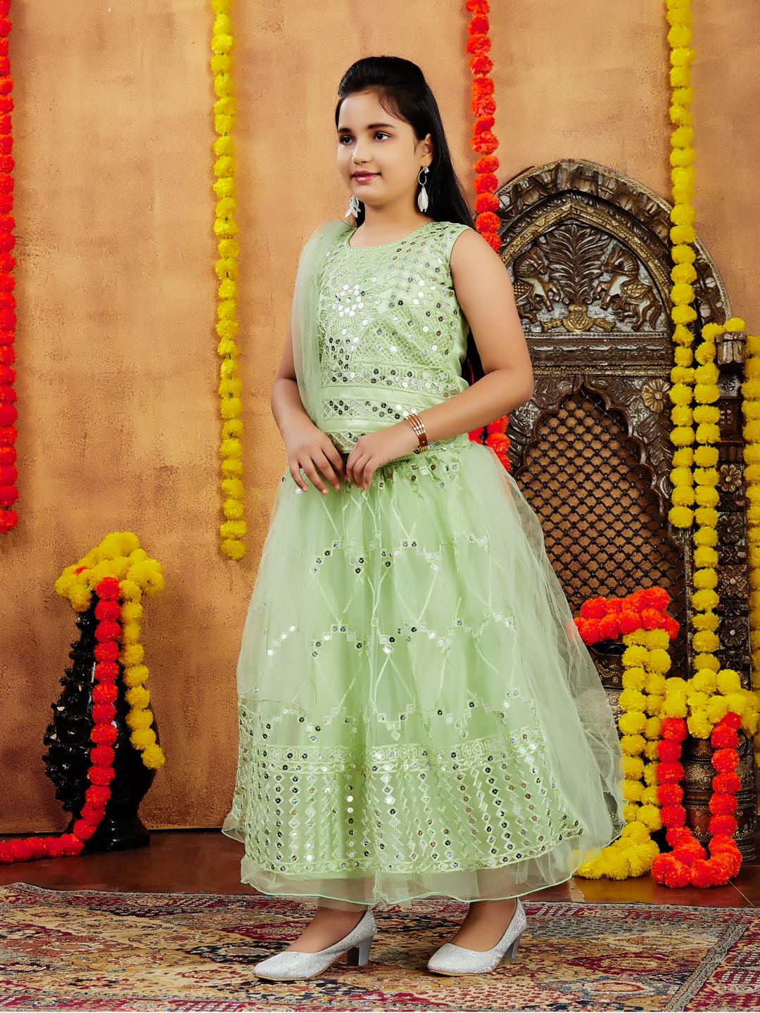 Aarika Girls Ethnic Wear Sea Green Colour Sea Green Thread Embroidery Net Lehenga Choli Set (4-10 Years)