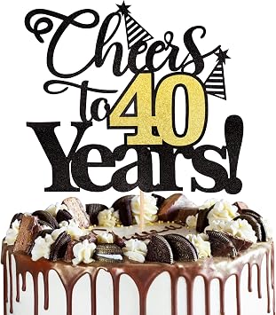 Rsstarxi 1 Pack Cheers to 40 Years Cake Topper Black Glitter Forty Years Old 40th Birthday Cake Pick Decorations for 40th Birthday Wedding Anniversary Party Supplies