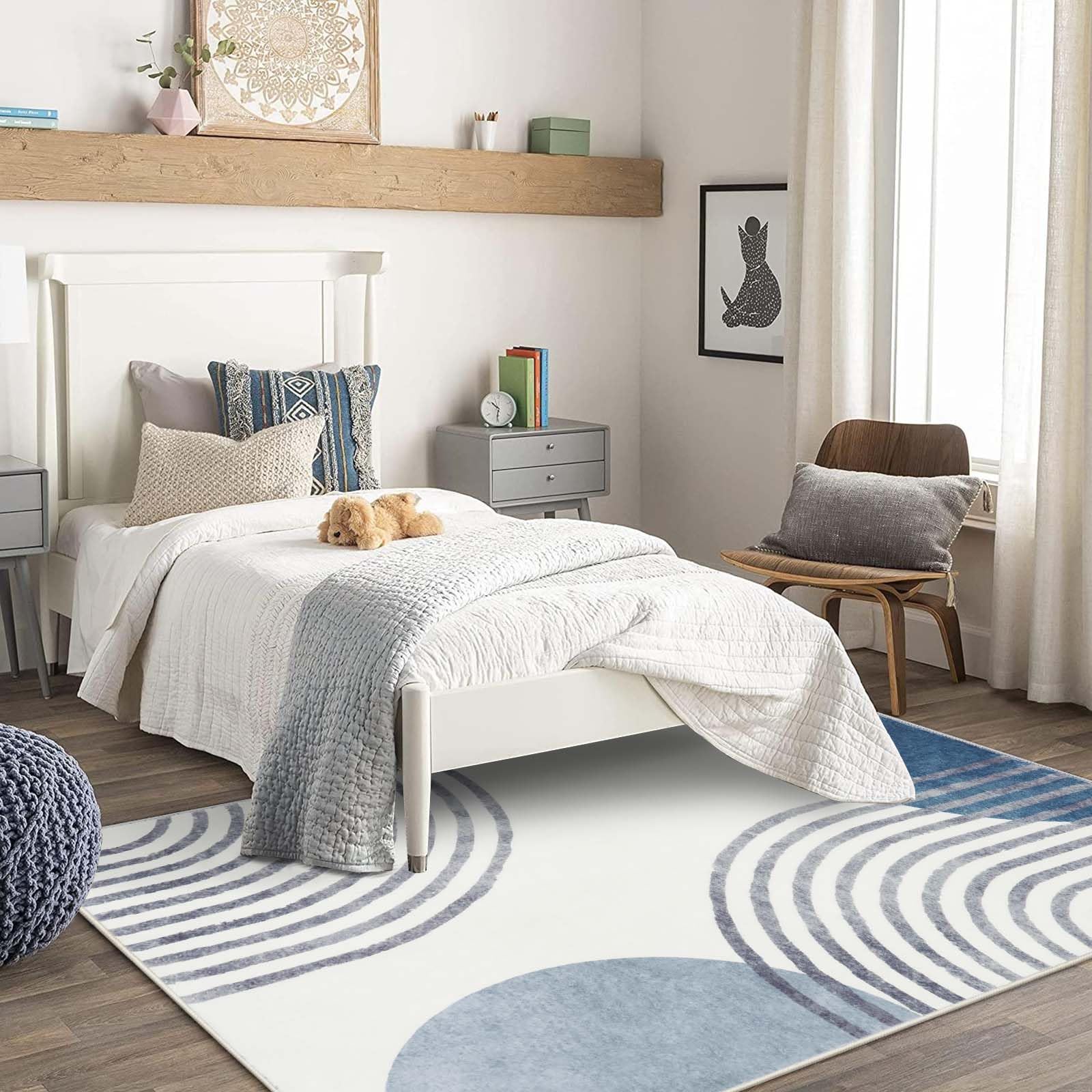 Wonnitar Boho Washable Area Rug 5x7,Blue Large Living Room Rug,Non-Slip Soft Rugs for Bedroom Aesthetic,Mid Century Modern Rainbow Nursery Throw Carpet for Boy Kids Room Office