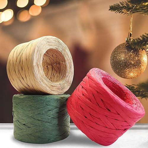 Miniatura 3 de CREATRILL 3 rollos de cinta de rafia de 14 pulgadas por 492 pies, 164 pies cada rollo, cordel de papel de embalaje para Navidad