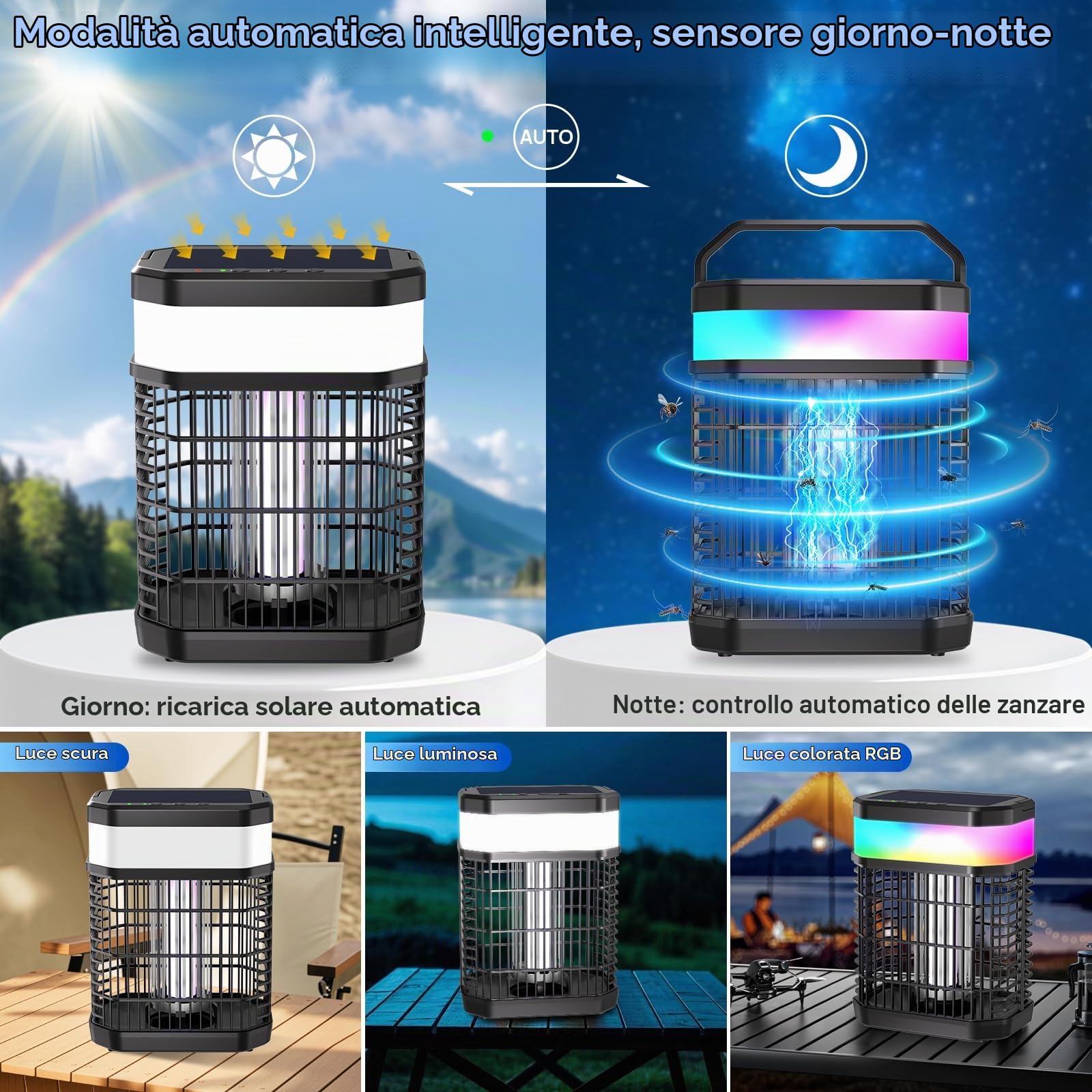 Solare Lampada Antizanzare Elettrico,Zanzariera Elettrica Esterno 4000V,Anti Zanzare Solare con 5500mah & LED,Ammazza Zanzare Ricaricabile & IP65 per Esterno,Interno,Giardino,Camping,Patio