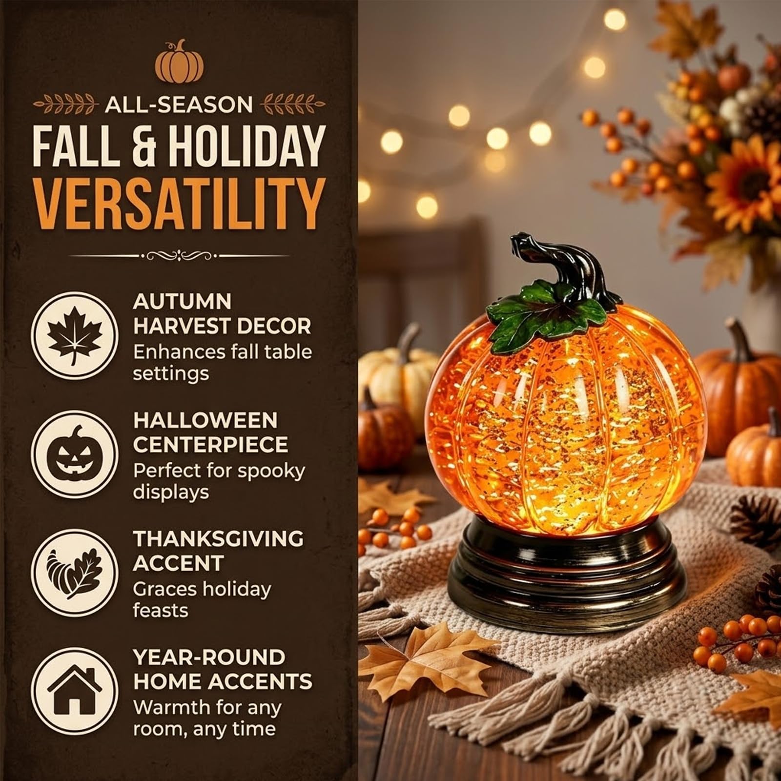 Globo neve zucca illuminato glitterato, simpatico globo neve autunnale | Centrotavola autunnale Halloween con calda luce LED arancione, decorazione caminetto Ringraziamento for casa, tavoli(2pcs)