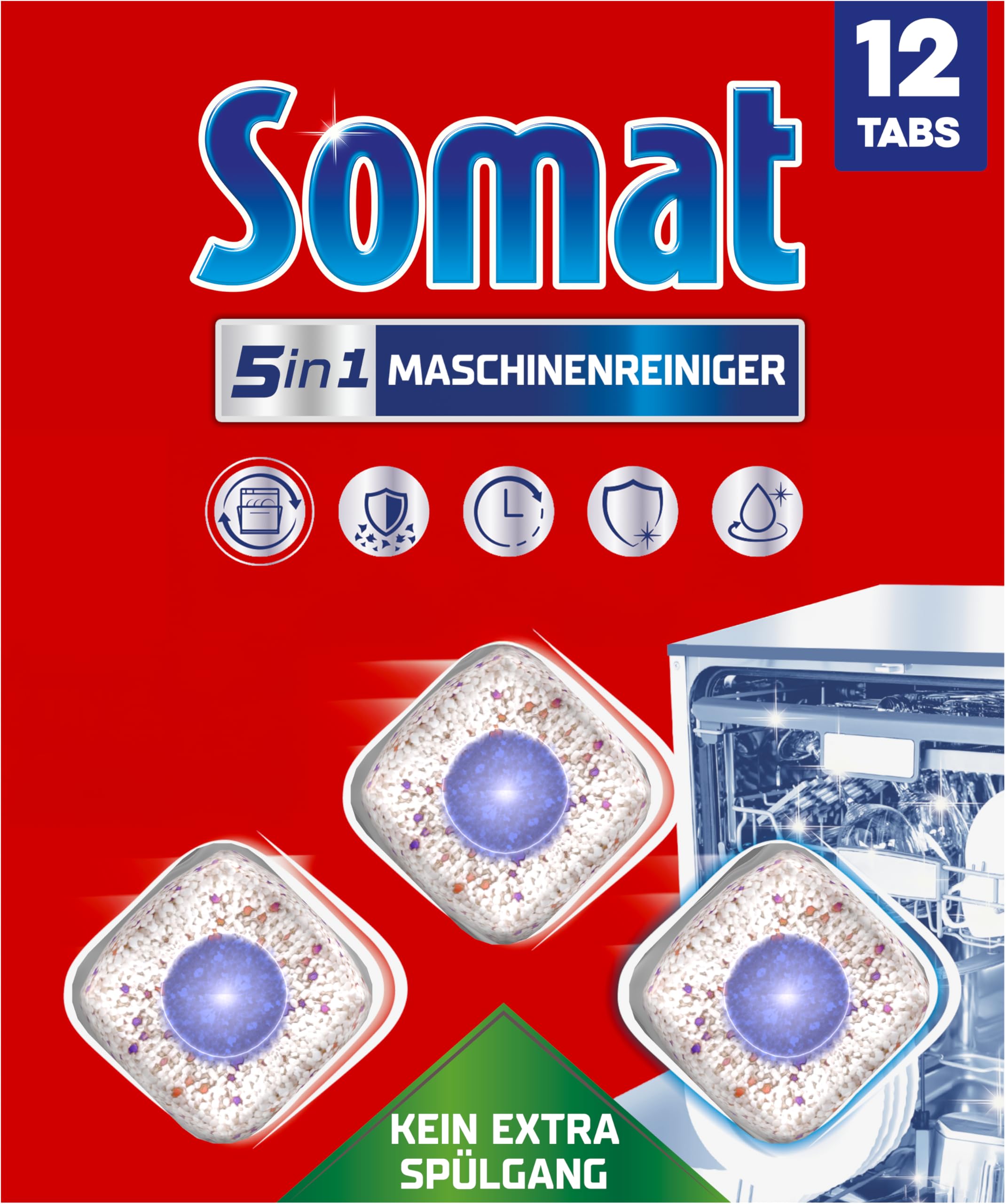 Somat 5in1 Maschinenreiniger (12 Spülgänge), Anti-Kalk Spülmaschinenreiniger für monatlichen Gebrauch, Reinigungs-Tabs für die Spülmaschine für längere Lebensdauer, ohne extra Spülgang