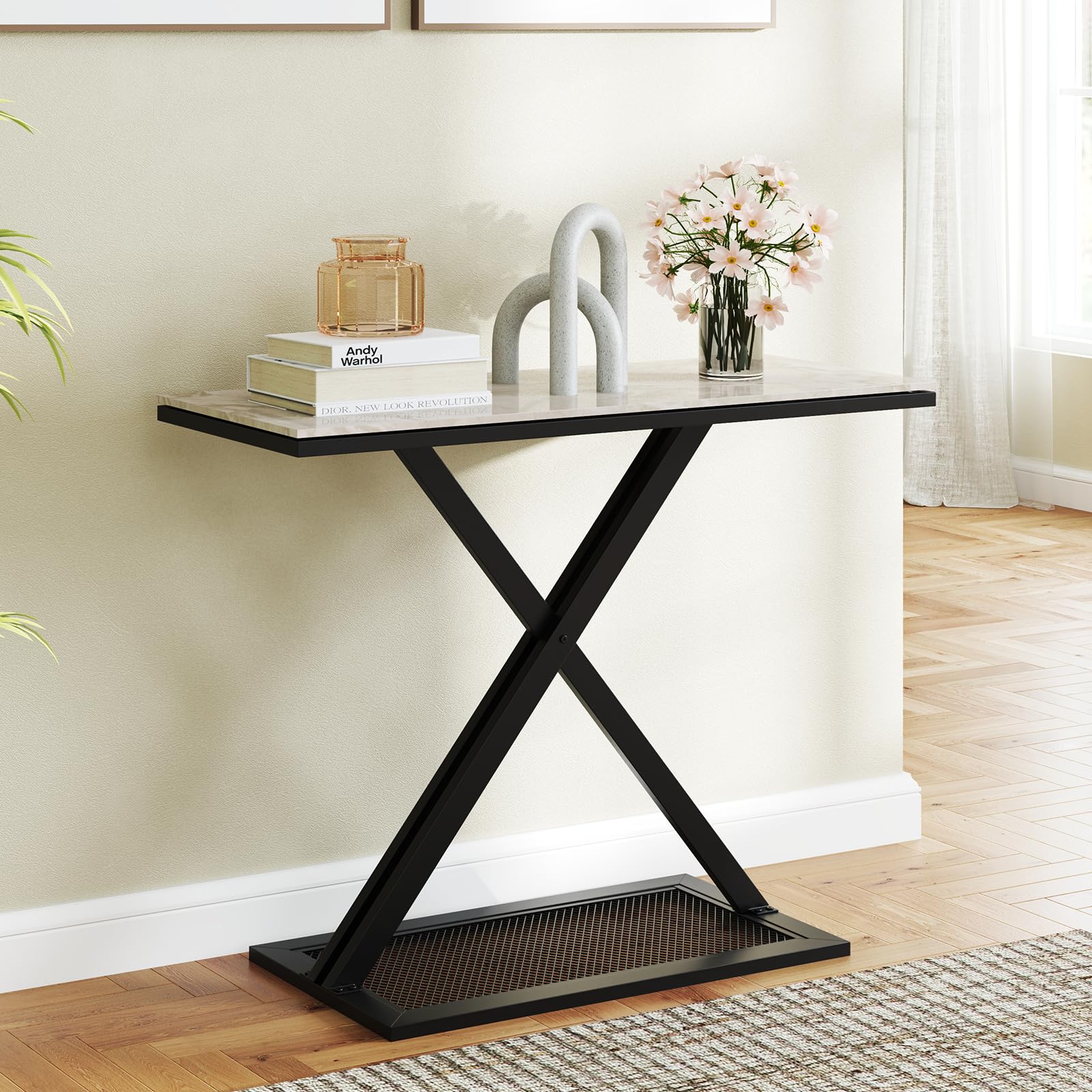 COSTWAY Mesa Consola con Encimera de Mármol, Mesita de Entrada con Marco Metálico, Mesa para Recibidor con Almohadillas Ajustables para Salón, Pasillo, Recibidor, 100 x 40 x 77,5 cm